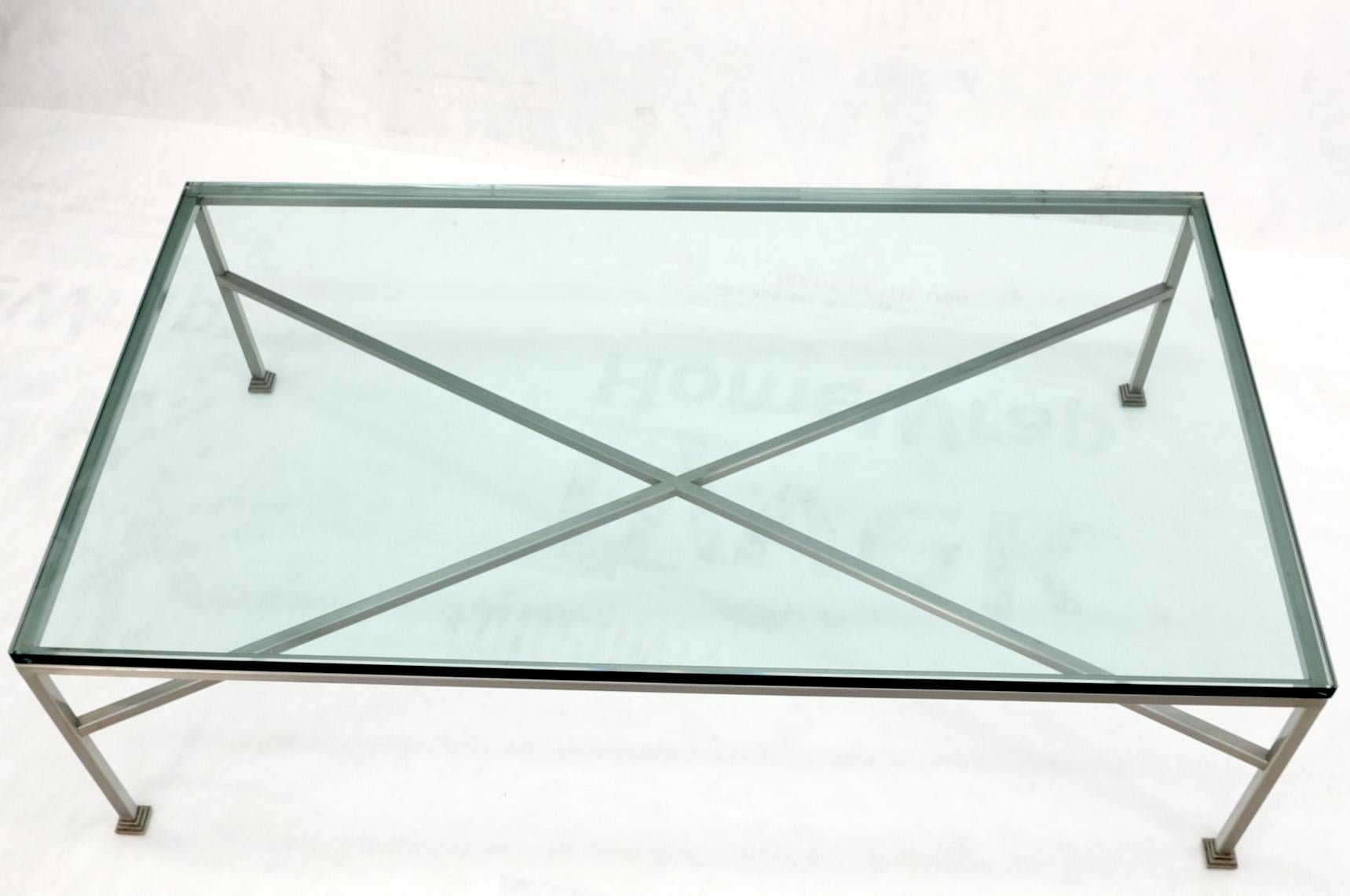 Mid-Century Modern Heavy Steel Forged Square Bare X Base Thick Glass Top Rectangle Coffee Table For Sale