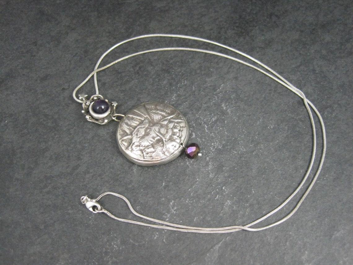 Heavy Sterling Amethyst Dragon Moon Pendant Necklace One of a Kind For Sale 3