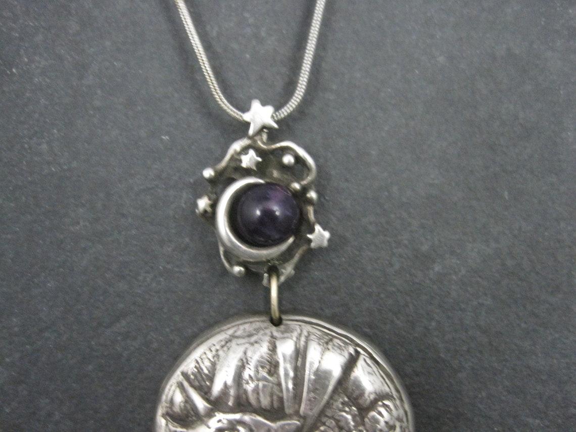 Gothic Revival Heavy Sterling Amethyst Dragon Moon Pendant Necklace One of a Kind For Sale
