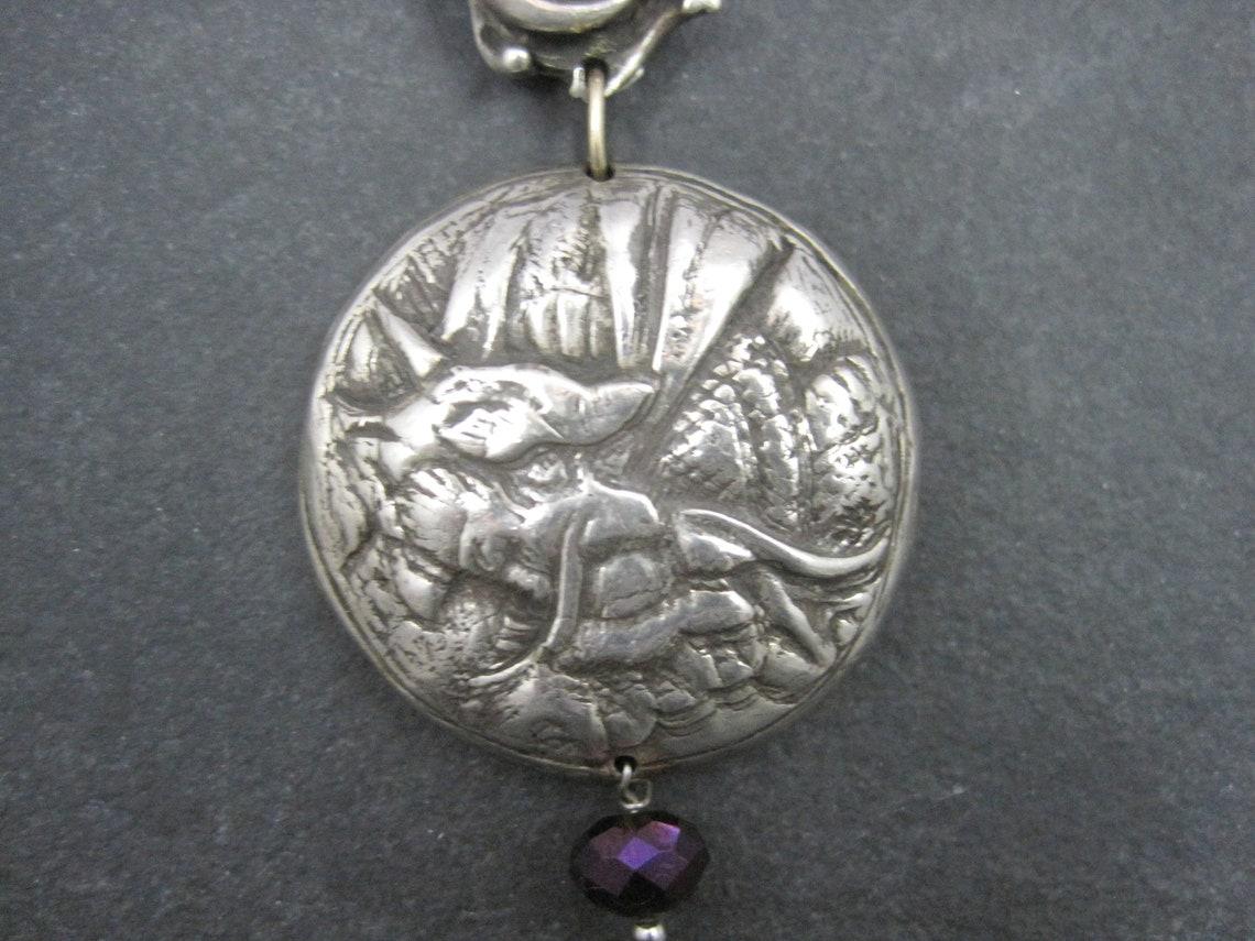 Round Cut Heavy Sterling Amethyst Dragon Moon Pendant Necklace One of a Kind For Sale