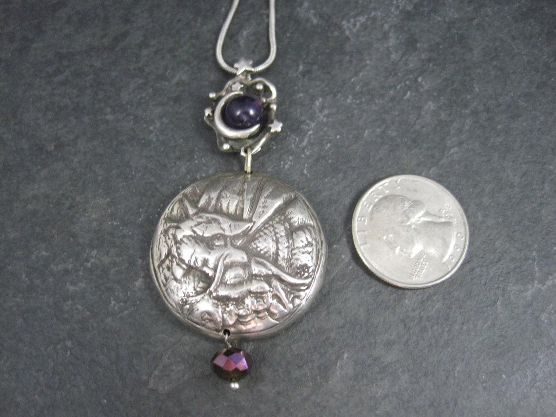 Women's or Men's Heavy Sterling Amethyst Dragon Moon Pendant Necklace One of a Kind For Sale