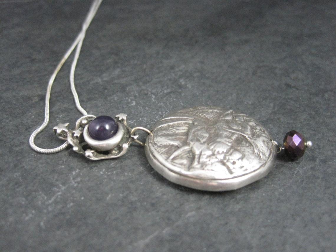 Heavy Sterling Amethyst Dragon Moon Pendant Necklace One of a Kind For Sale 2