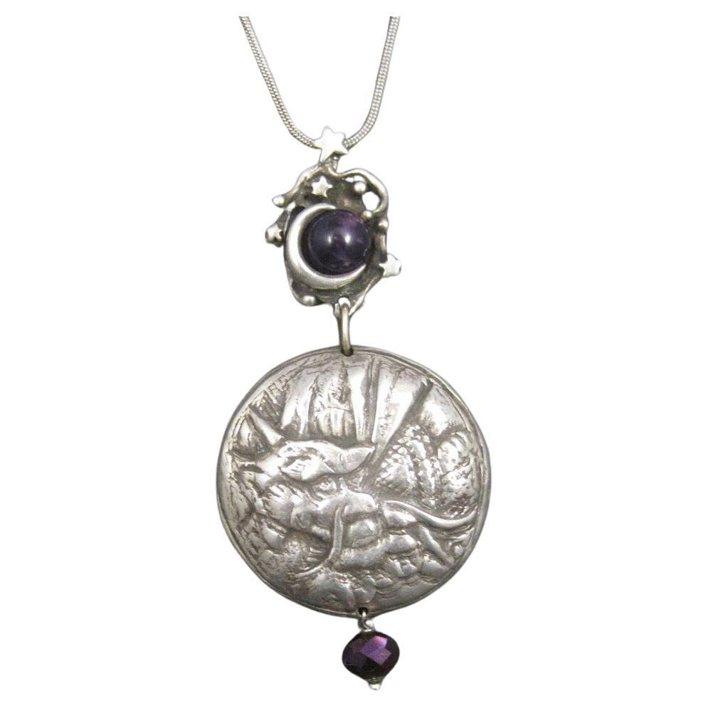 Heavy Sterling Amethyst Dragon Moon Pendant Necklace One of a Kind For Sale