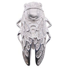 Heavy Sterling Silver Cicada Brooch Pin with Diamond Eyes
