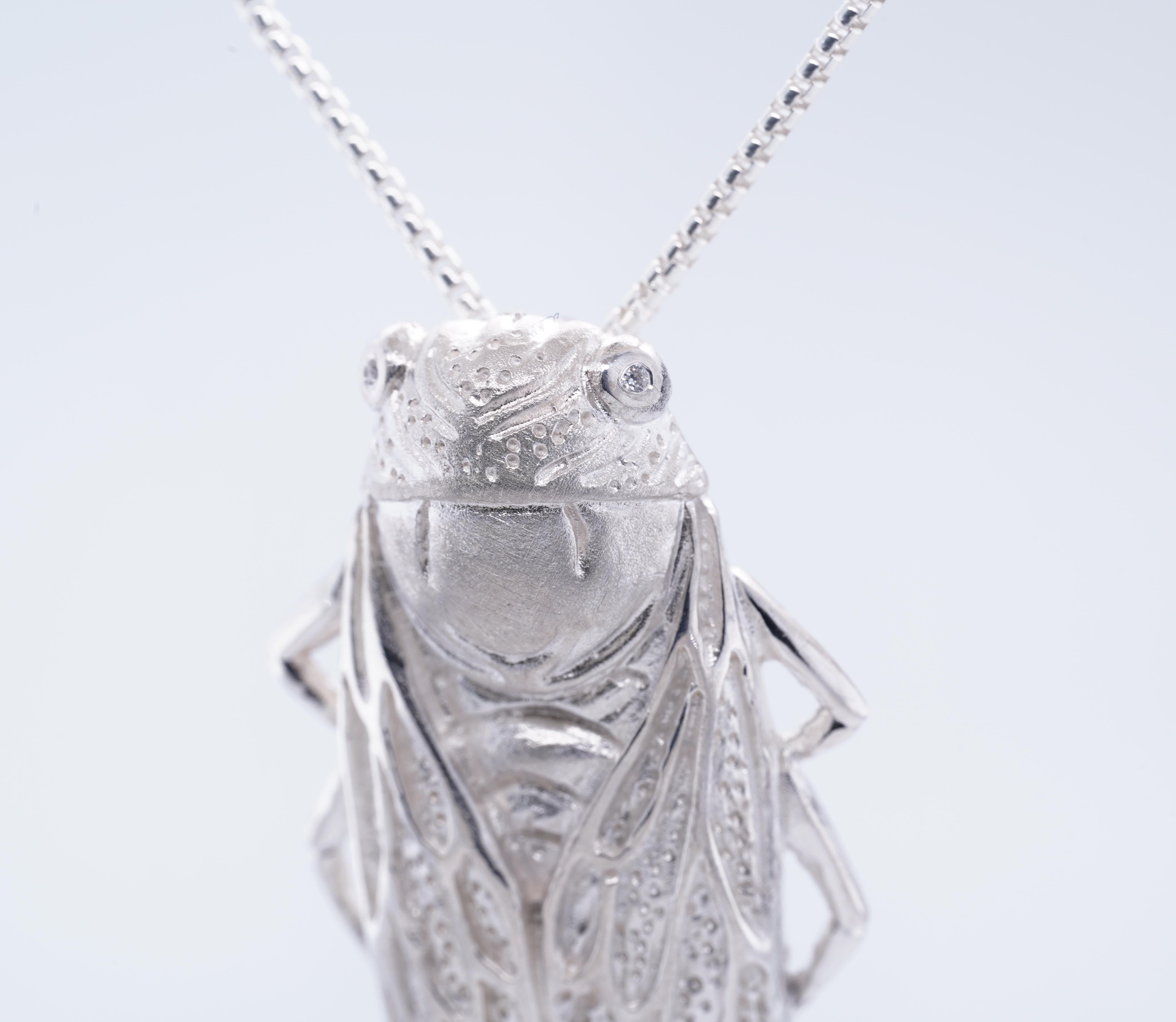 Contemporary Heavy Sterling Silver Detailed Cicada Pendant with Diamond Eyes by Ashley Childs