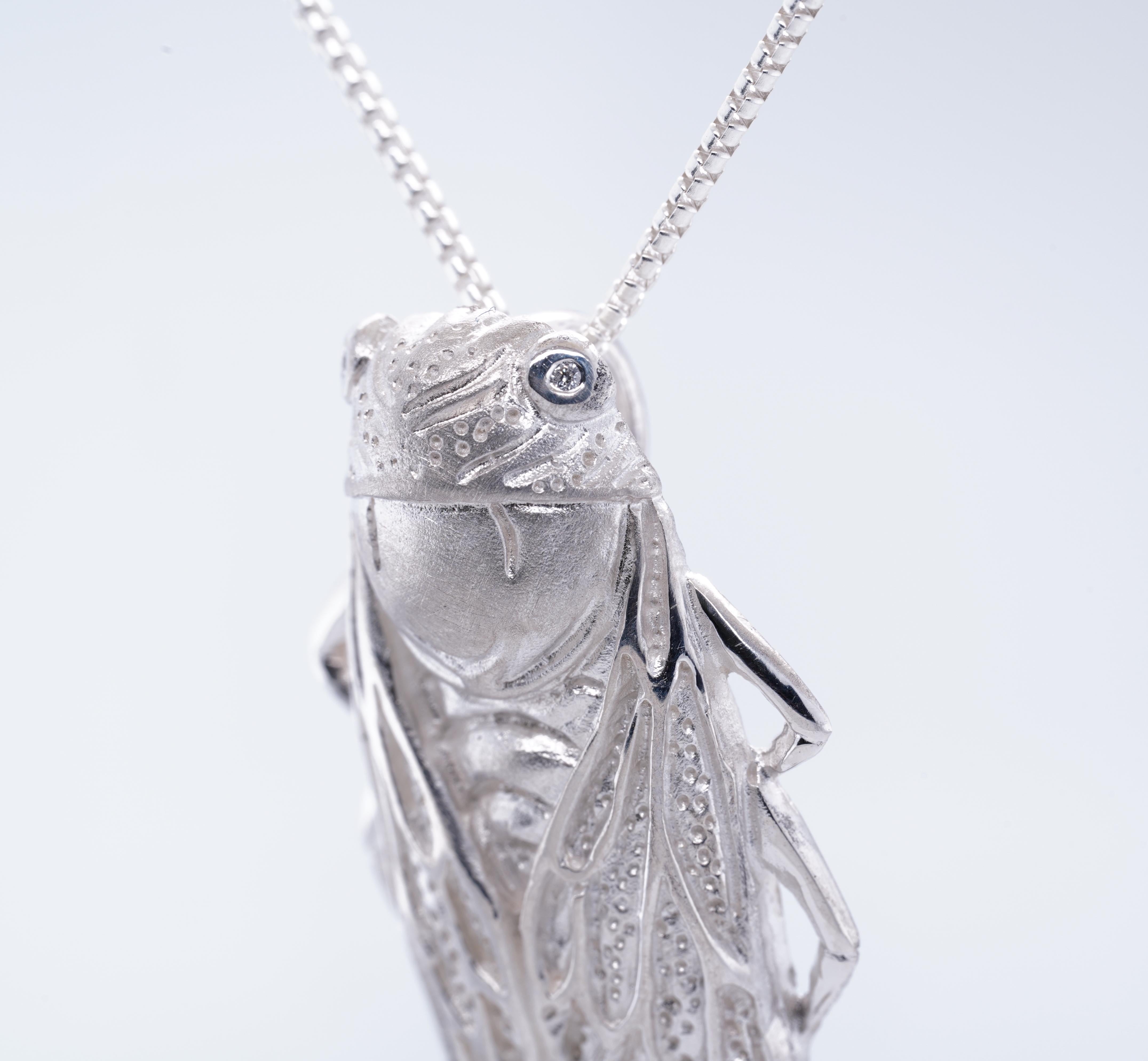 Round Cut Heavy Sterling Silver Detailed Cicada Pendant with Diamond Eyes by Ashley Childs
