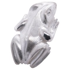 Heavy Sterling Silver Frog Brooch Pin with Diamond Eyes by Ashley Childs