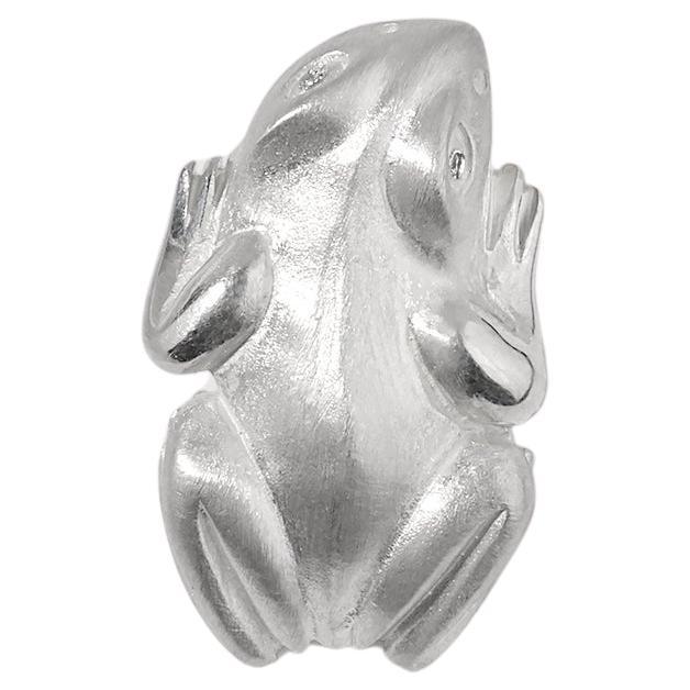 Heavy Sterling Silver Frog Brooch Pin with Diamond Eyes by Ashley Childs For Sale