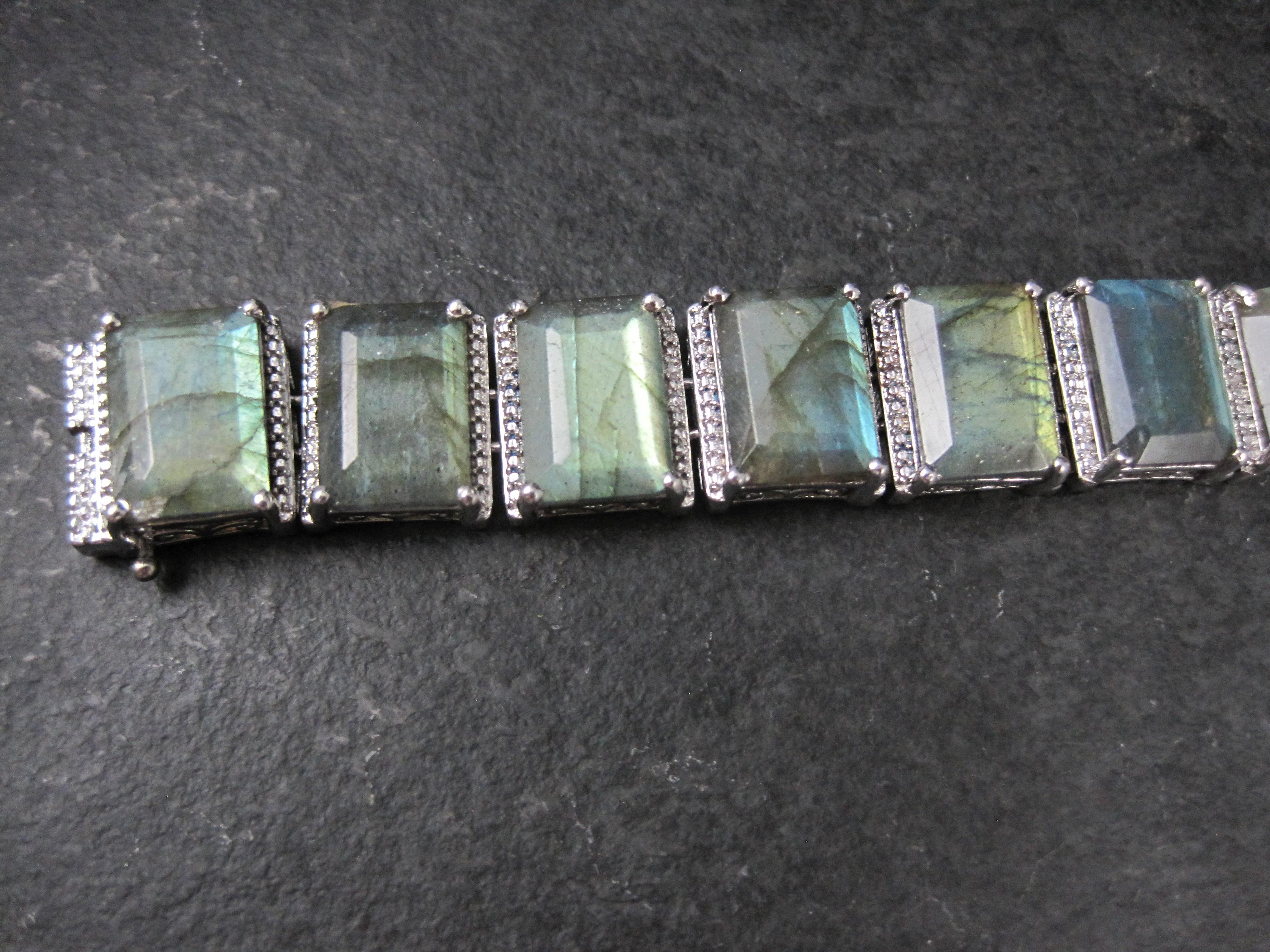 Modern Heavy Sterling Silver Labradorite Tennis Bracelet 7.5 Inches For Sale