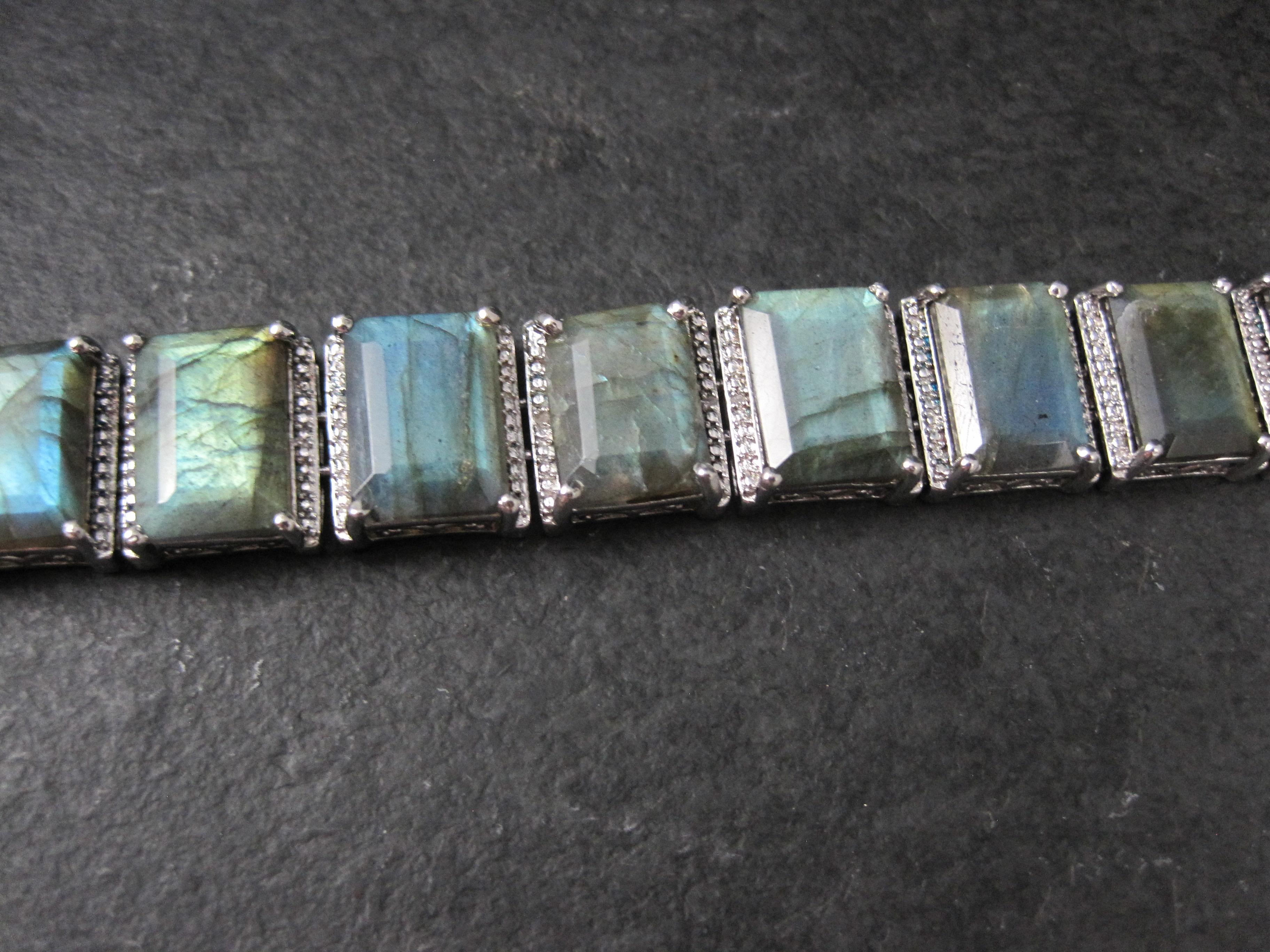 Emerald Cut Heavy Sterling Silver Labradorite Tennis Bracelet 7.5 Inches For Sale