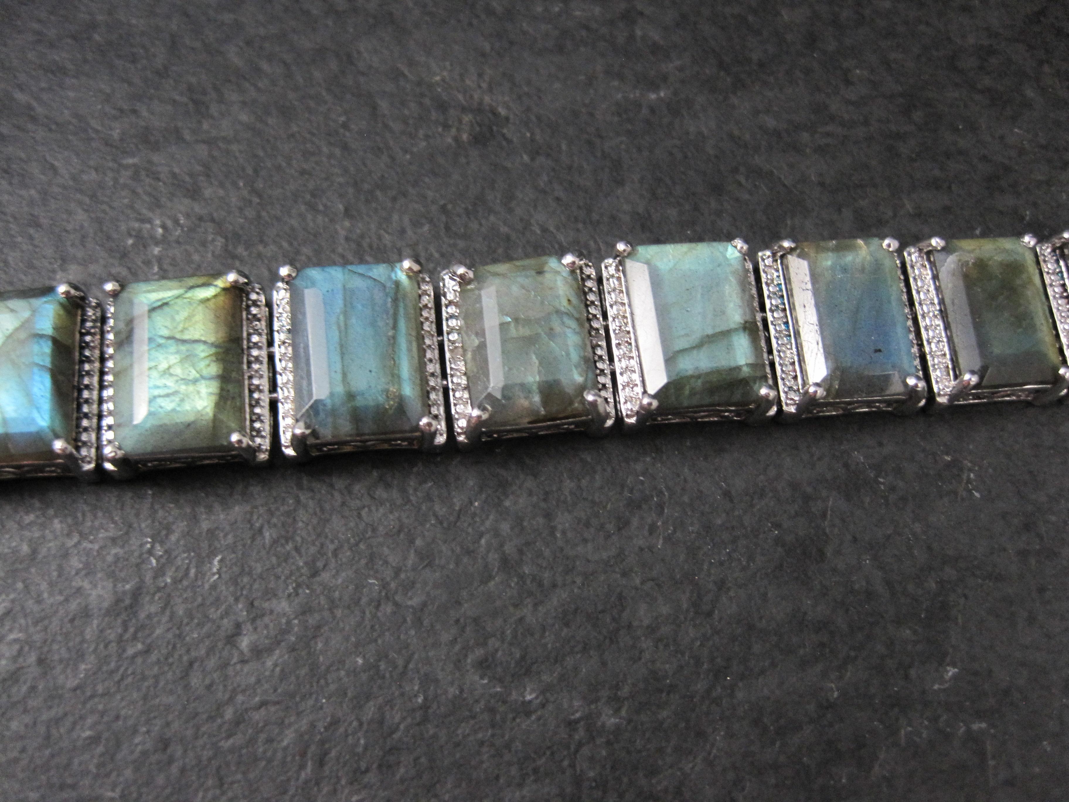 Taille émeraude Bracelet de tennis en Labradorite en argent lourd 7.5 Inches