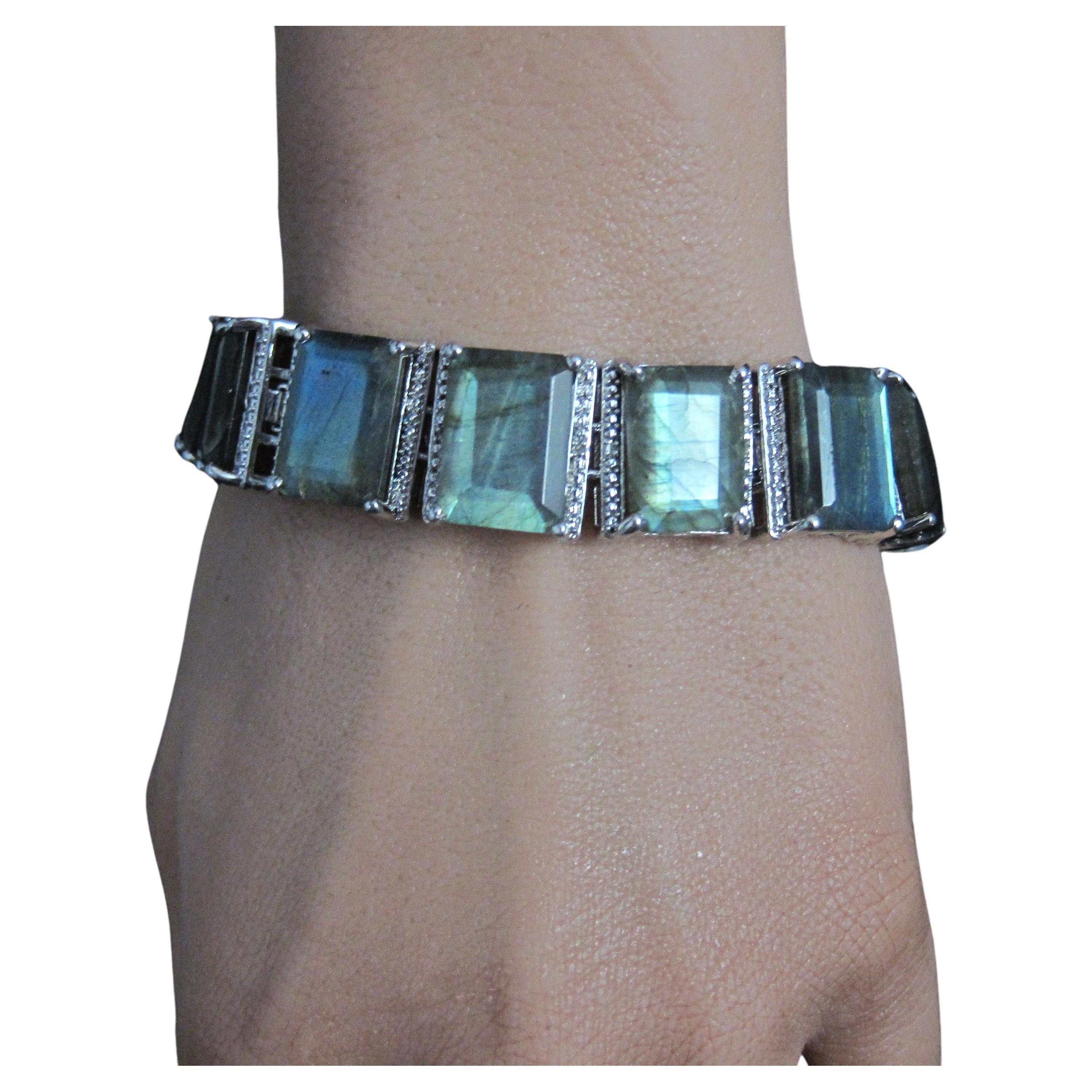 Heavy Sterling Silver Labradorite Tennis Bracelet 7.5 Inches For Sale