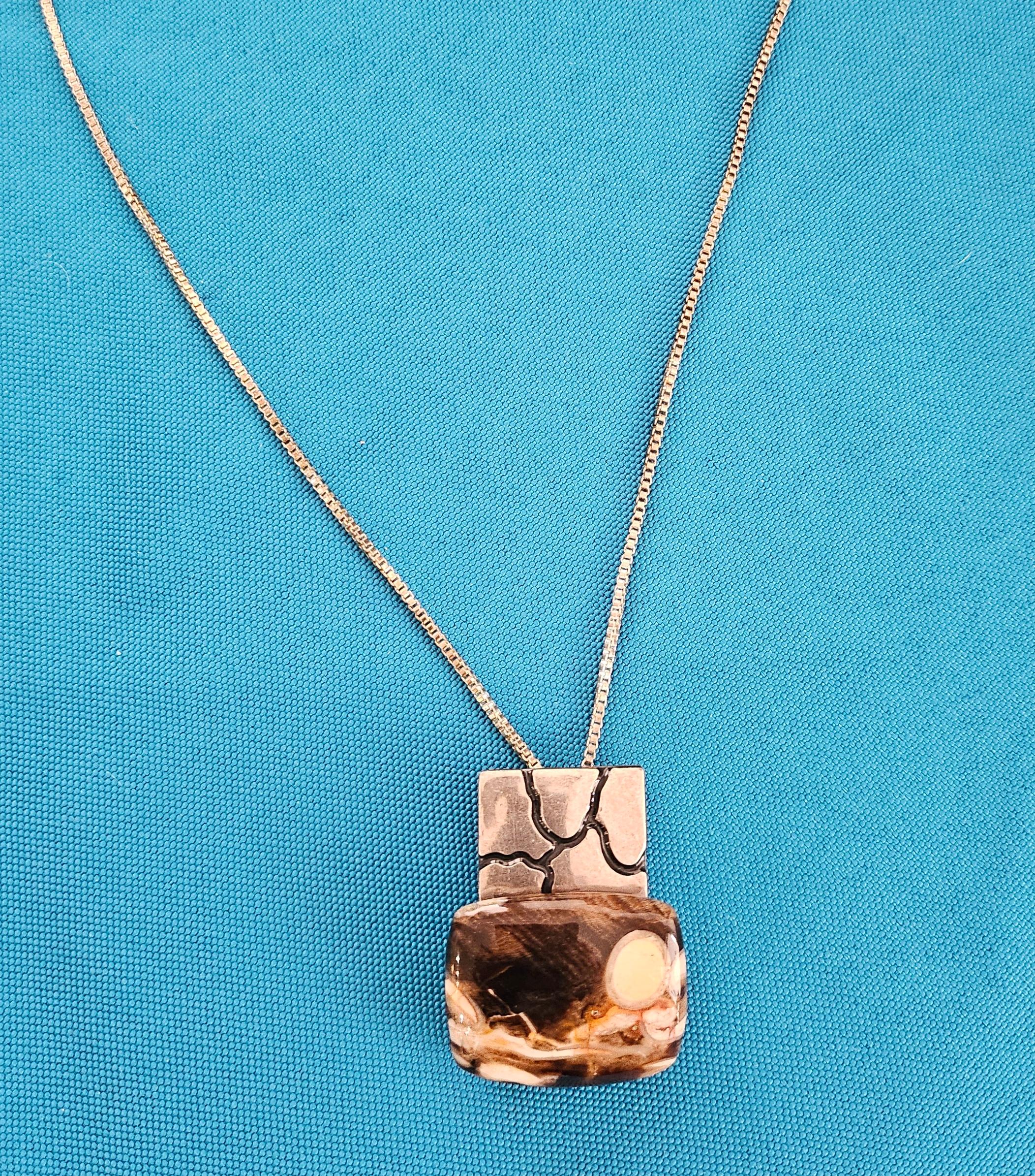 Mid-Century Modern Heavy Sterling Silver Pendant Necklace with Semiprecious Stone, Stamped, Vintage For Sale