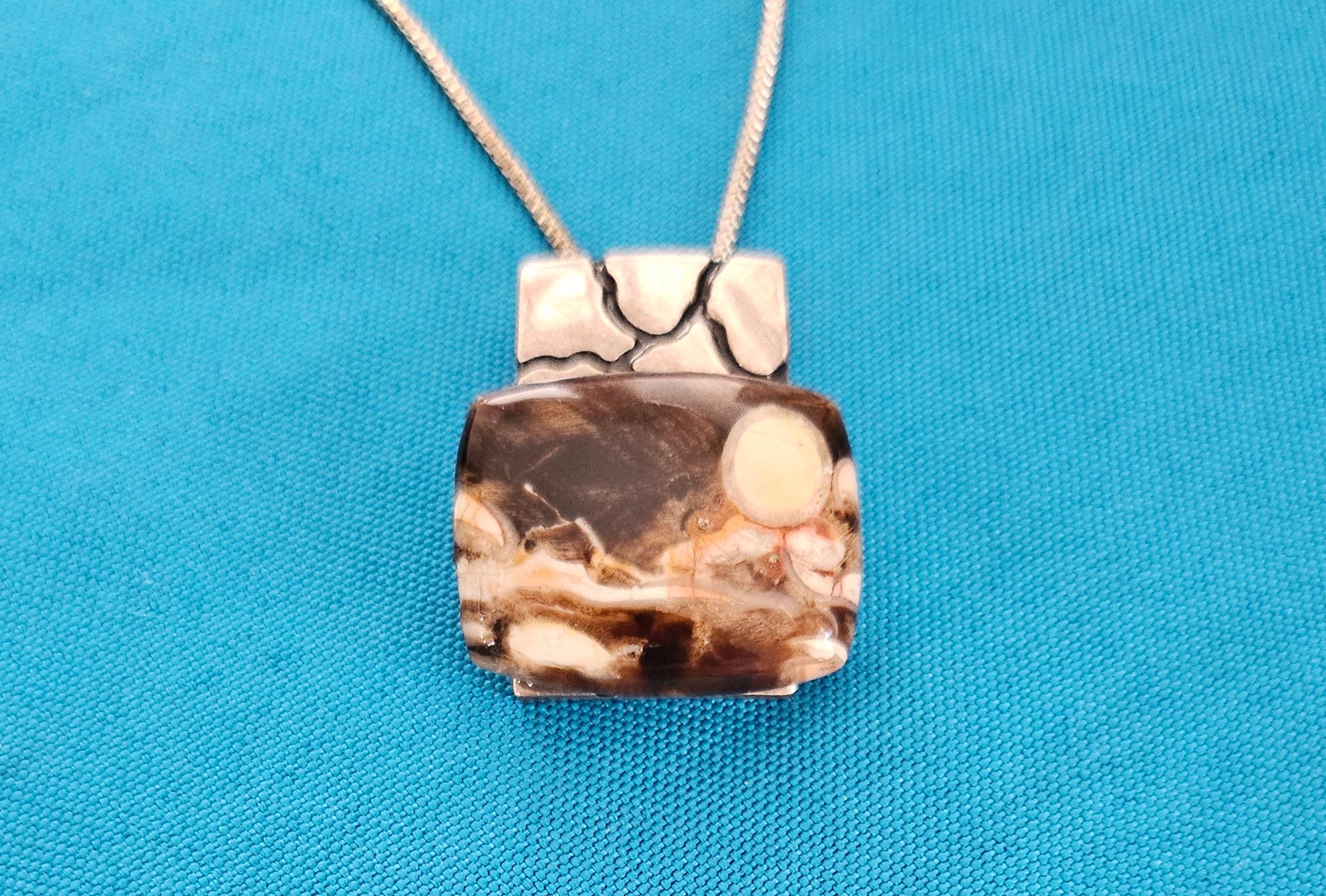 Other Heavy Sterling Silver Pendant Necklace with Semiprecious Stone, Stamped, Vintage For Sale
