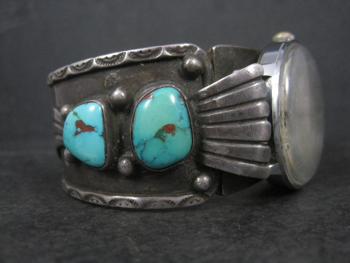 Cabochon Heavy Sterling Turquoise Watch Cuff Bracelet