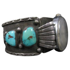 Heavy Sterling Turquoise Watch Cuff Bracelet