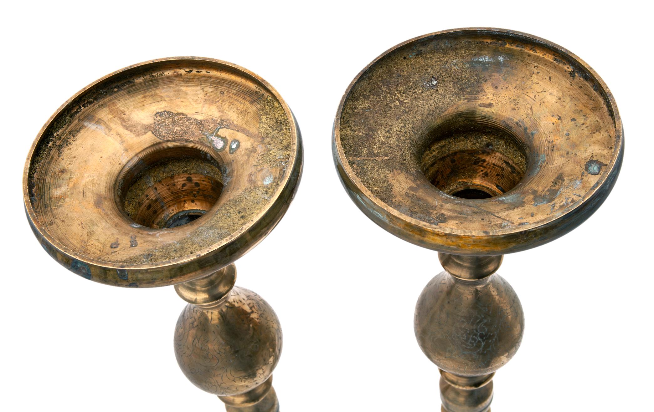 Tall Etched Brass Candlesticks In Good Condition For Sale In Malibu, CA