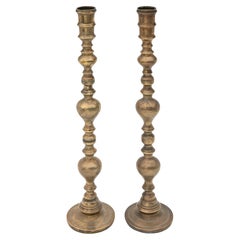 Antique Tall Etched Brass Candlesticks