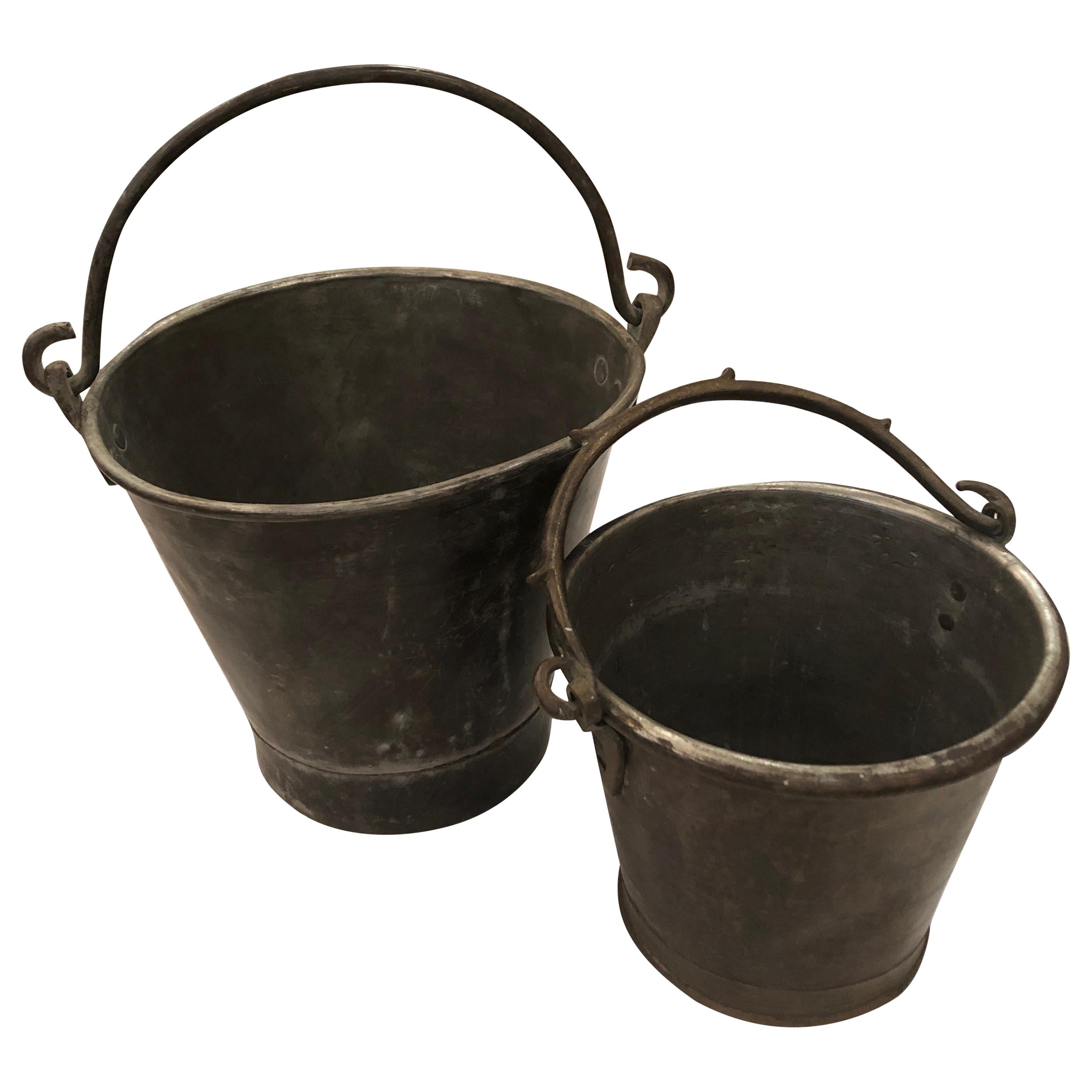 Heavy Tarnished Brass Pair of Old Buckets or Pails at 1stDibs