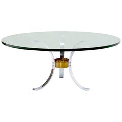 Heavy Thick 3/4" Glass Round Top Chrome & Brass Tripod Base Coffee Table