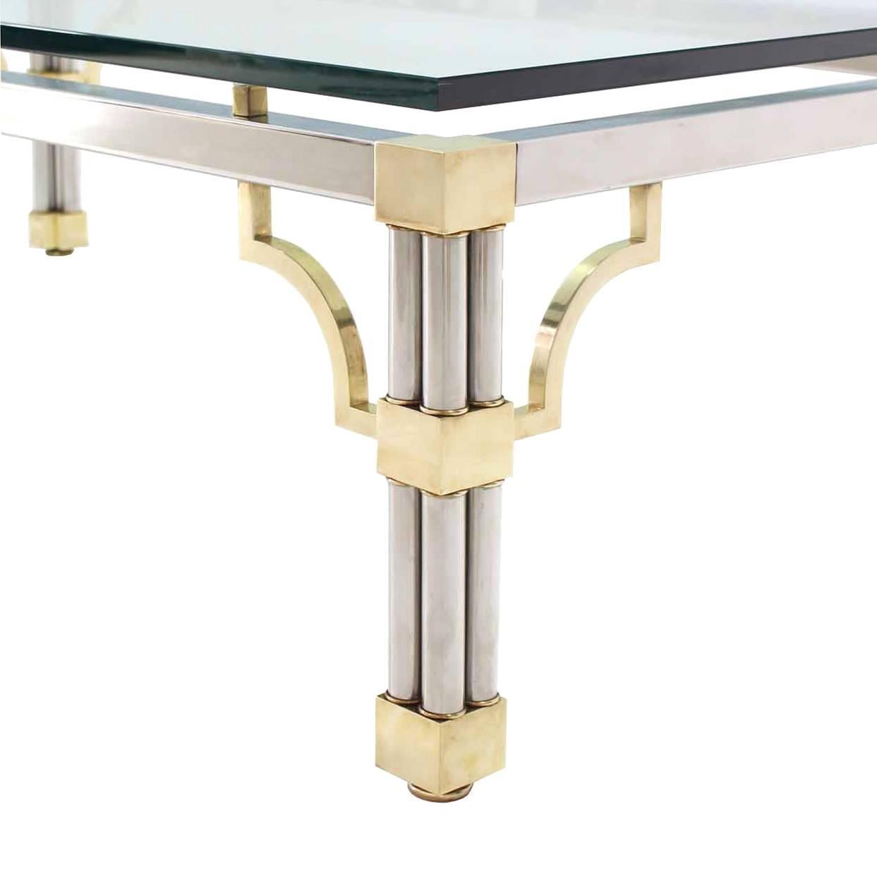 Mid-Century Modern Heavy Thick Glass Brass and Chrome Coffee Table For Sale