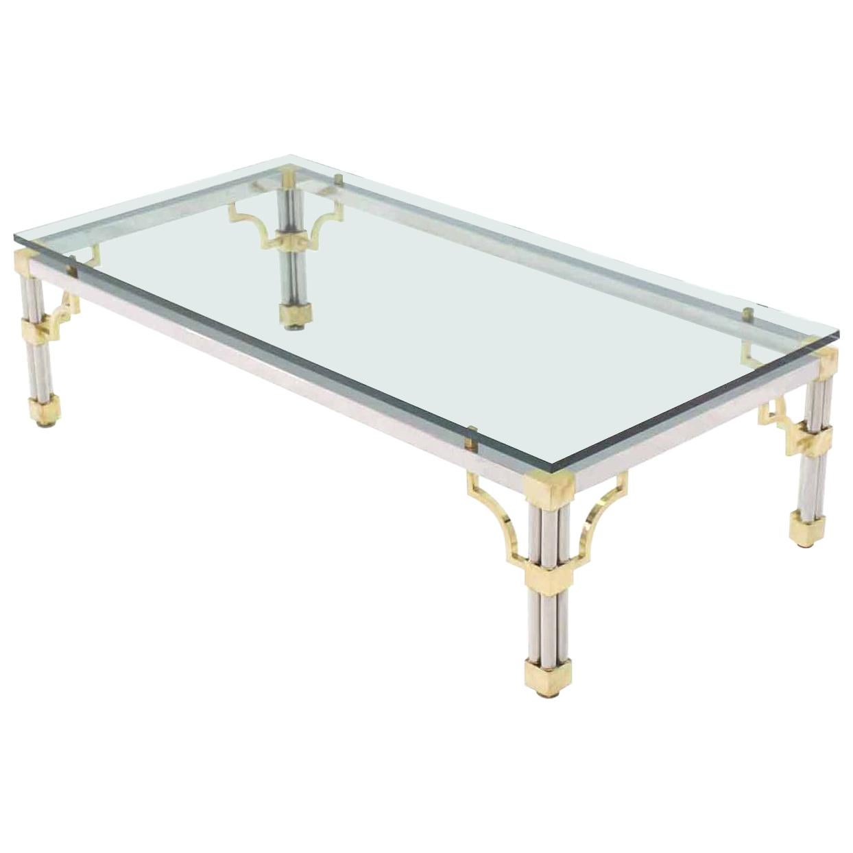 Heavy Thick Glass Brass and Chrome Coffee Table For Sale