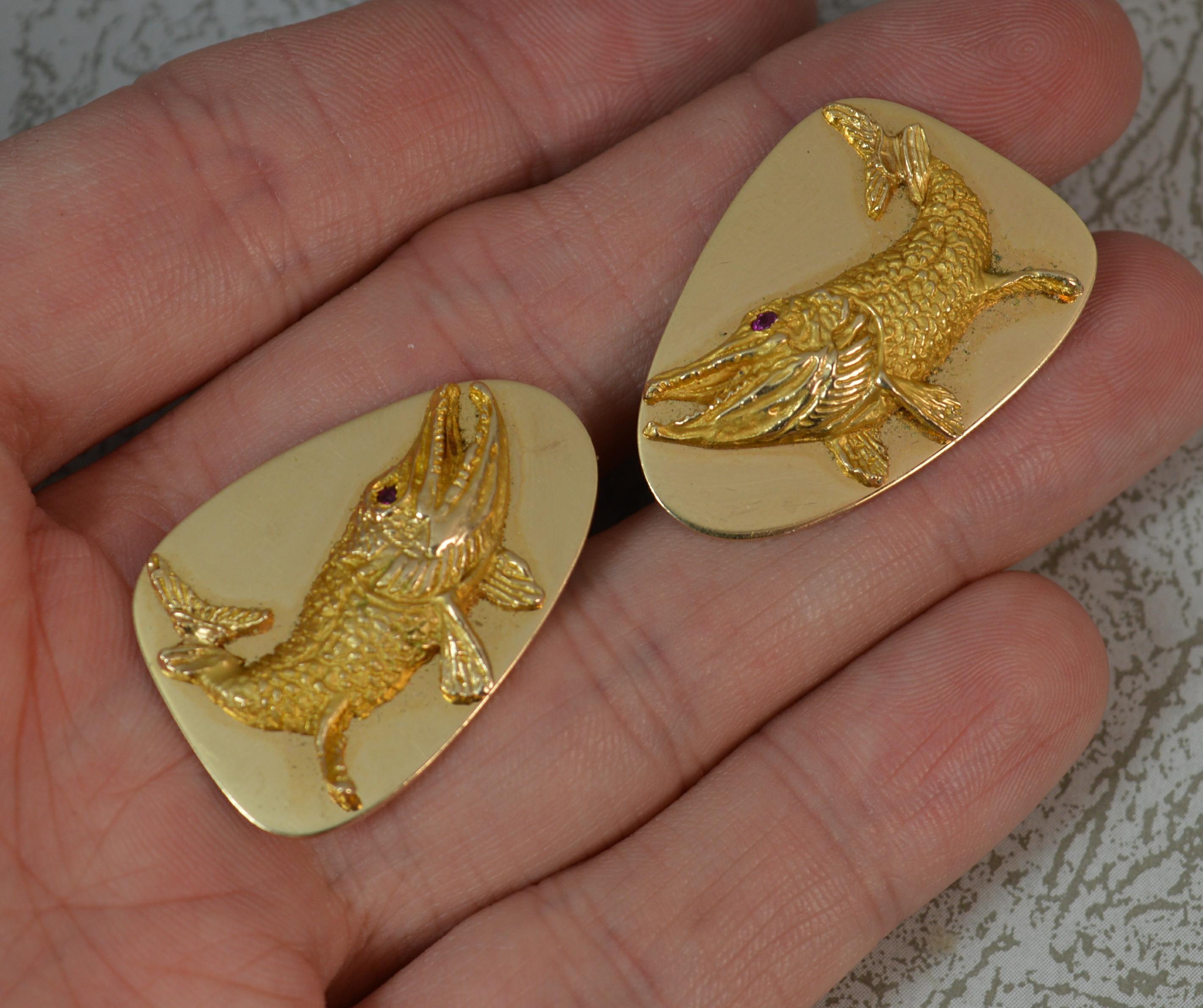 Contemporary Heavy Tiffany & Co. 14 Carat Gold and Ruby Fish Cufflinks For Sale
