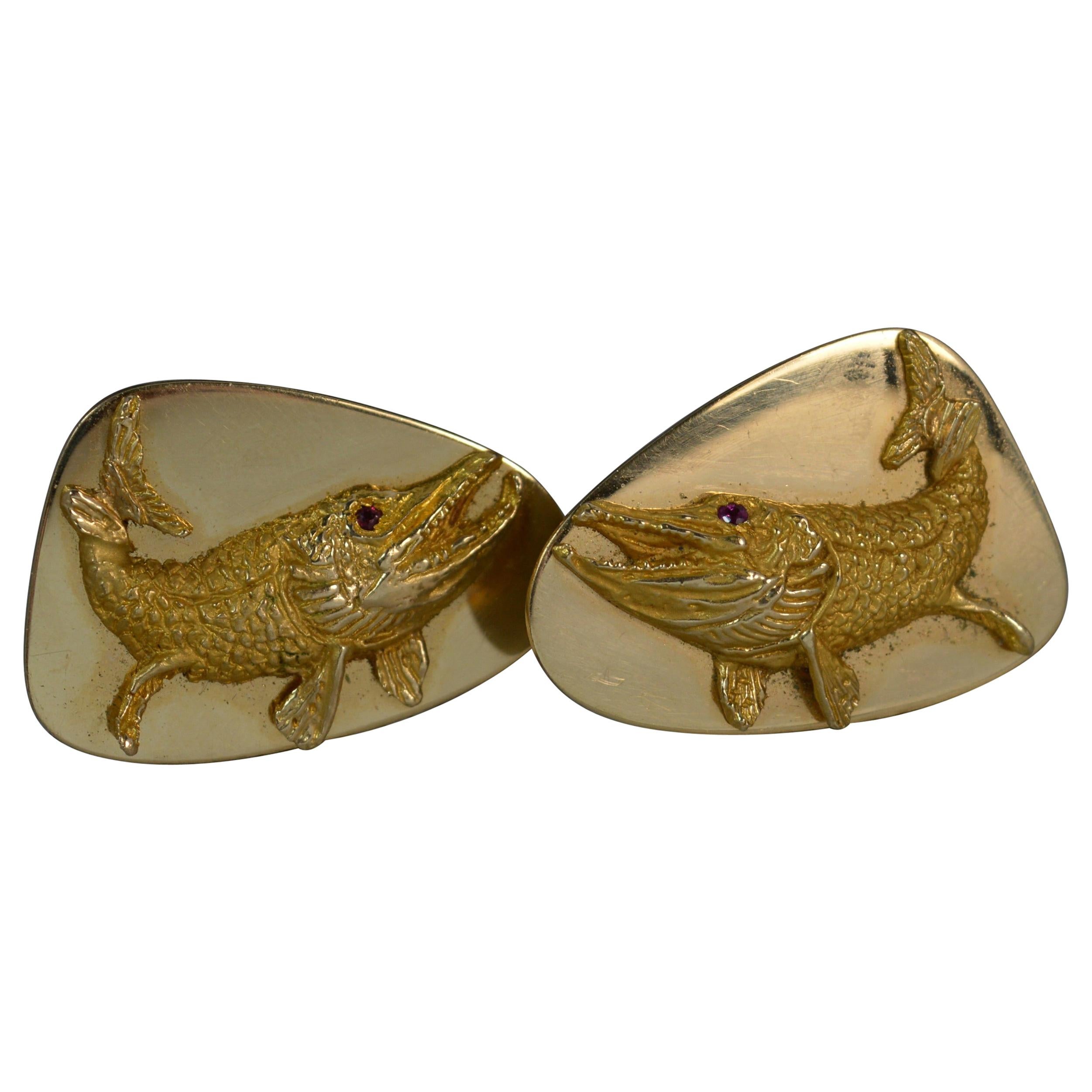 Heavy Tiffany & Co. 14 Carat Gold and Ruby Fish Cufflinks For Sale