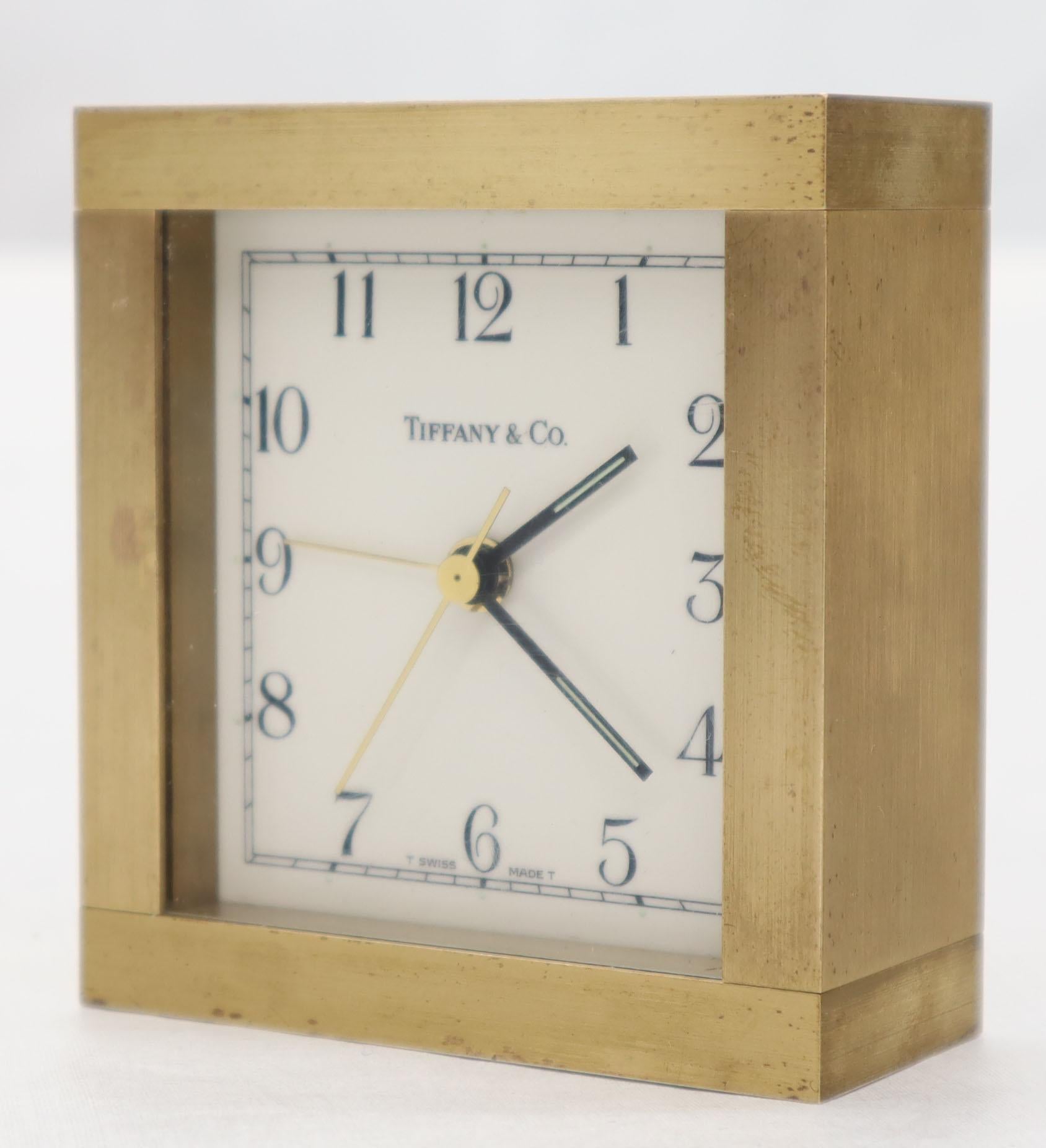 Machine-Made Heavy Tiffany Machined Bronze or Brass Square Mantel Desk Clock