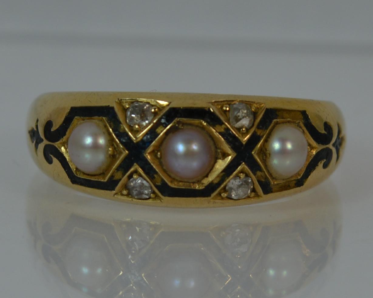 Heavy Victorian 18 Carat Gold Enamel Pearl Diamond Stack Mourning Ring 7