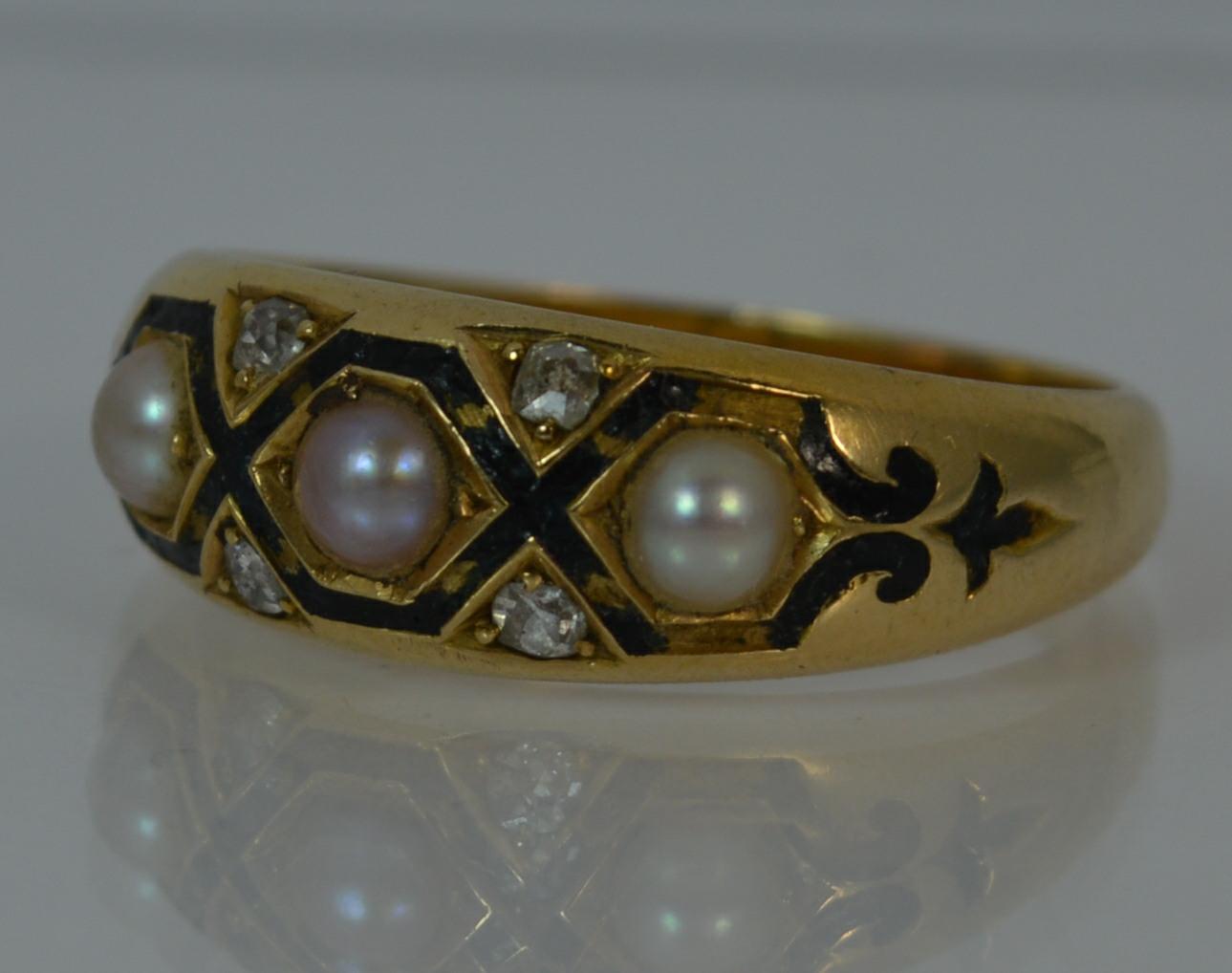 Heavy Victorian 18 Carat Gold Enamel Pearl Diamond Stack Mourning Ring 8