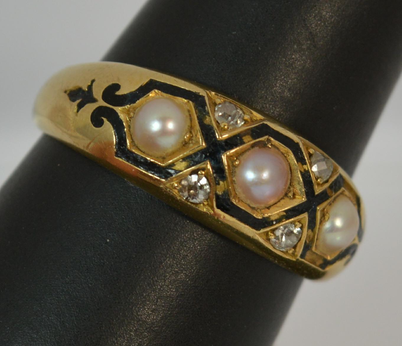 Heavy Victorian 18 Carat Gold Enamel Pearl Diamond Stack Mourning Ring 9