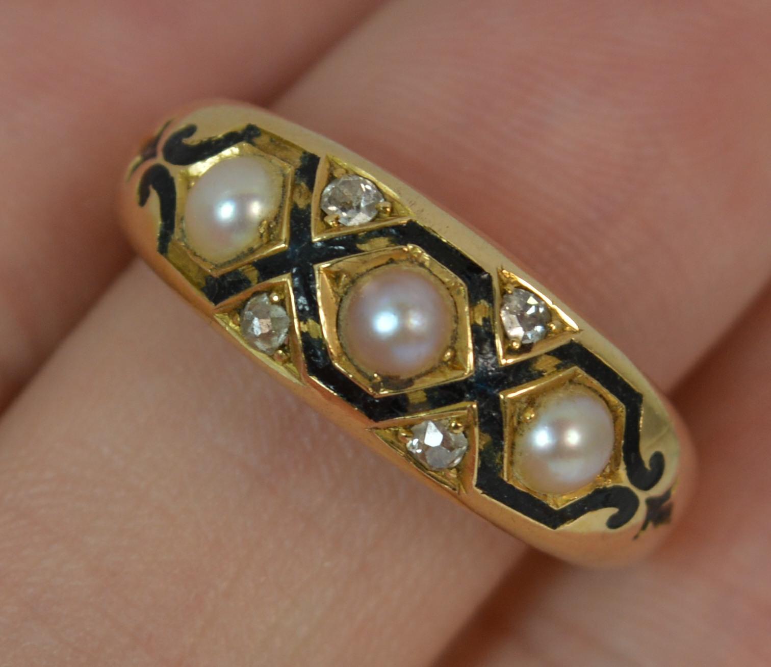 Heavy Victorian 18 Carat Gold Enamel Pearl Diamond Stack Mourning Ring In Excellent Condition In St Helens, GB