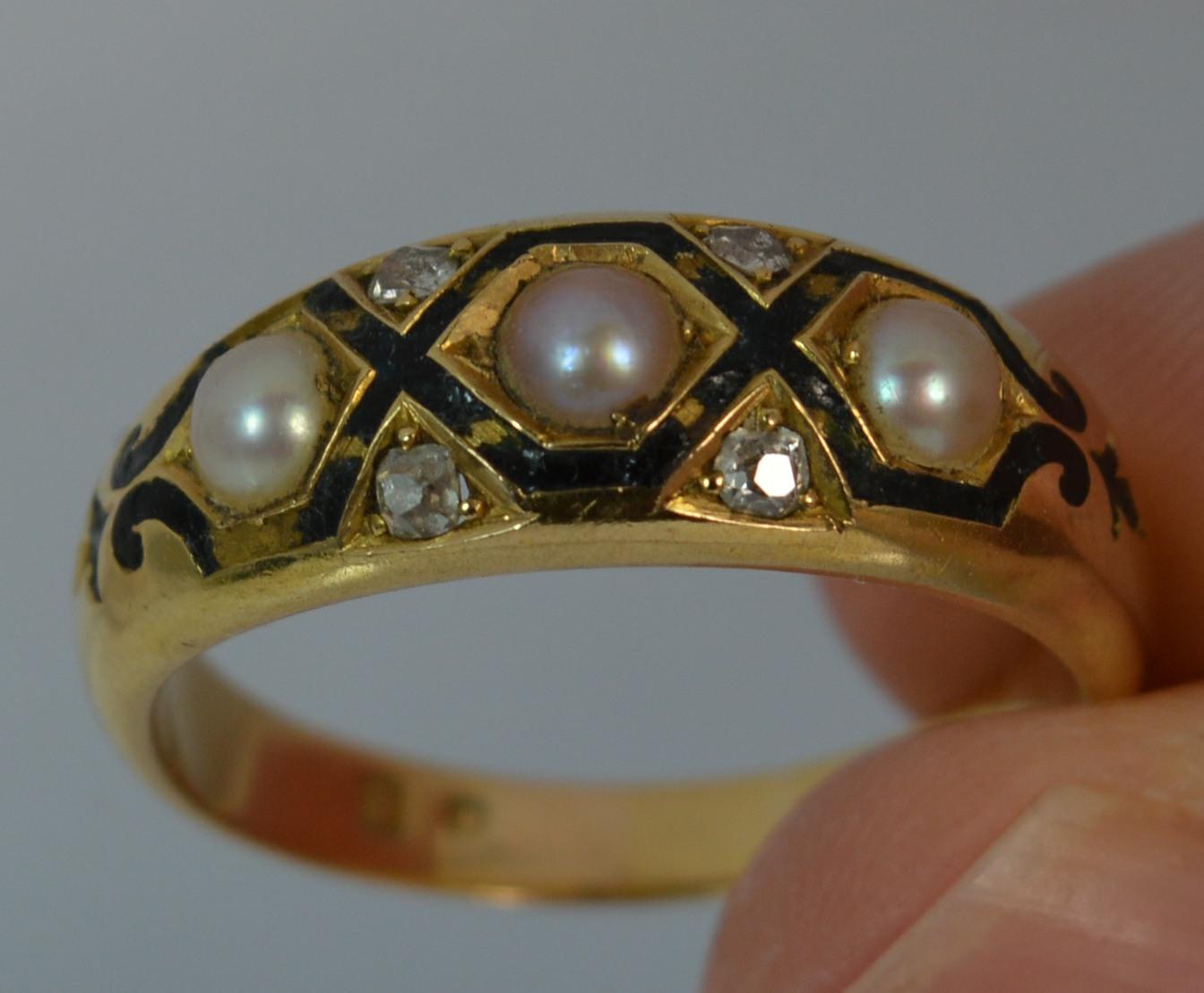Women's Heavy Victorian 18 Carat Gold Enamel Pearl Diamond Stack Mourning Ring