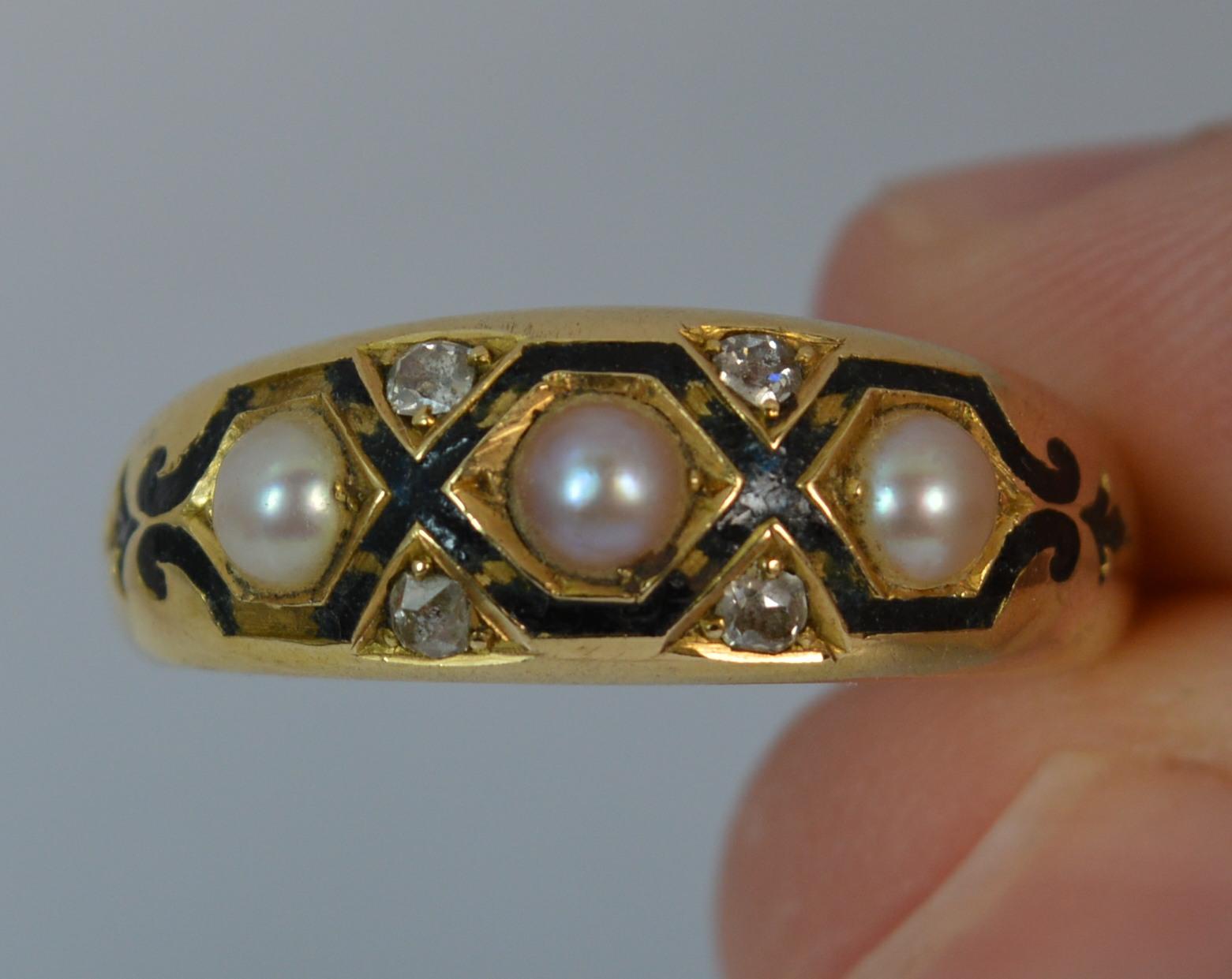 Heavy Victorian 18 Carat Gold Enamel Pearl Diamond Stack Mourning Ring 1