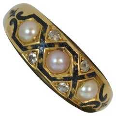 Heavy Victorian 18 Carat Gold Enamel Pearl Diamond Stack Mourning Ring