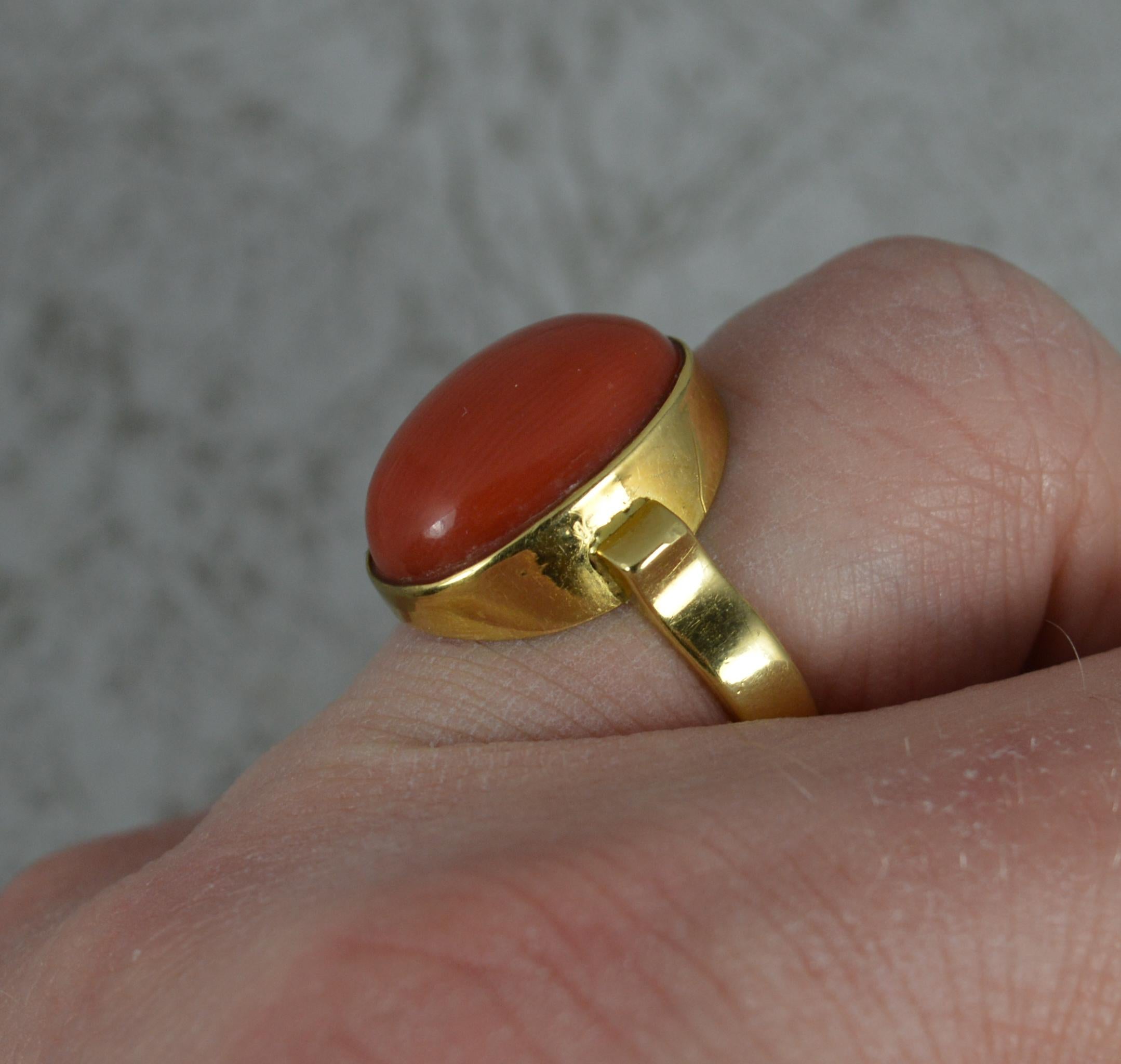 Retro Heavy Vintage 18 Carat Gold and Single Coral Solitaire Statement Ring