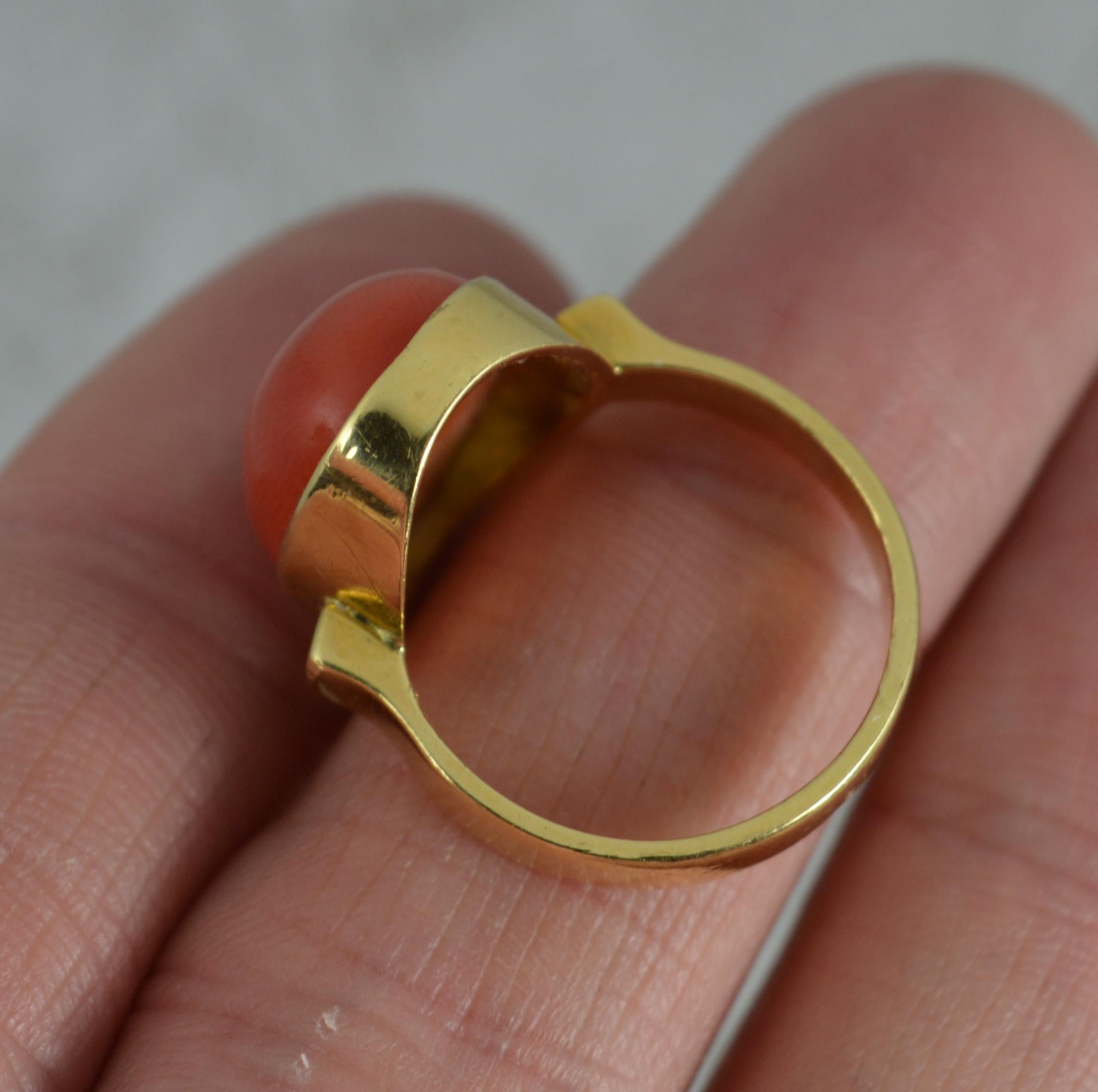 Oval Cut Heavy Vintage 18 Carat Gold and Single Coral Solitaire Statement Ring