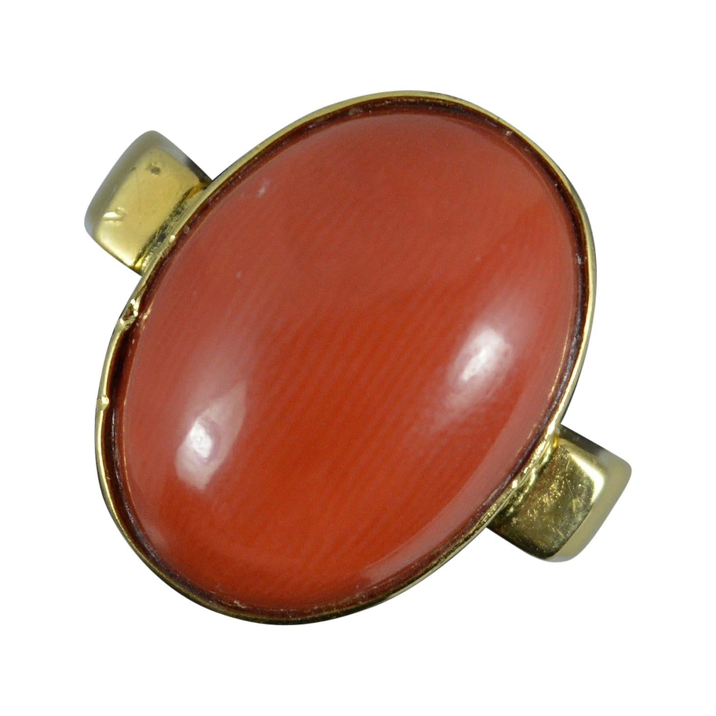 Heavy Vintage 18 Carat Gold and Single Coral Solitaire Statement Ring