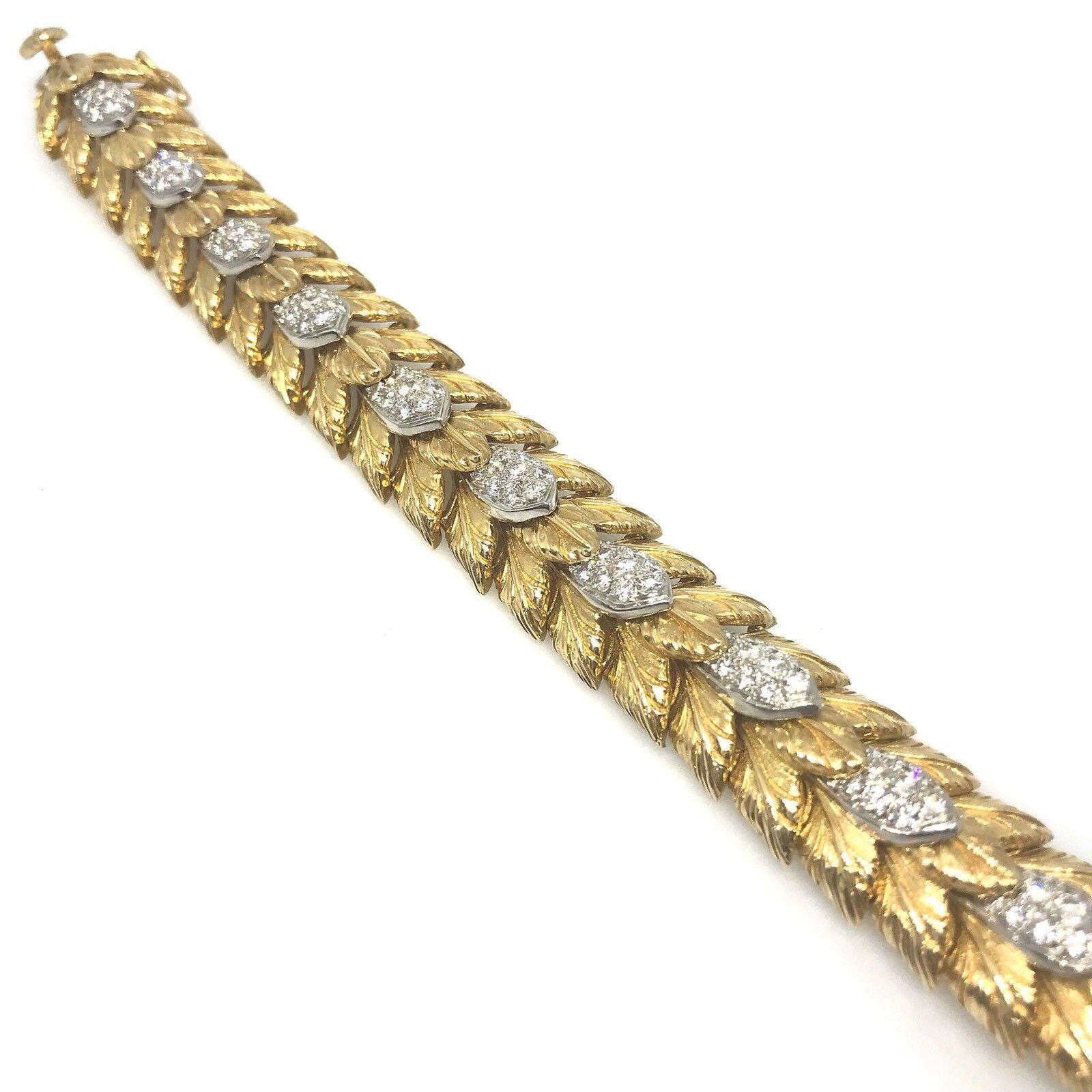 Round Cut Heavy Vintage Carved Leaf Diamond Bracelet in 18k Yellow Gold For Sale