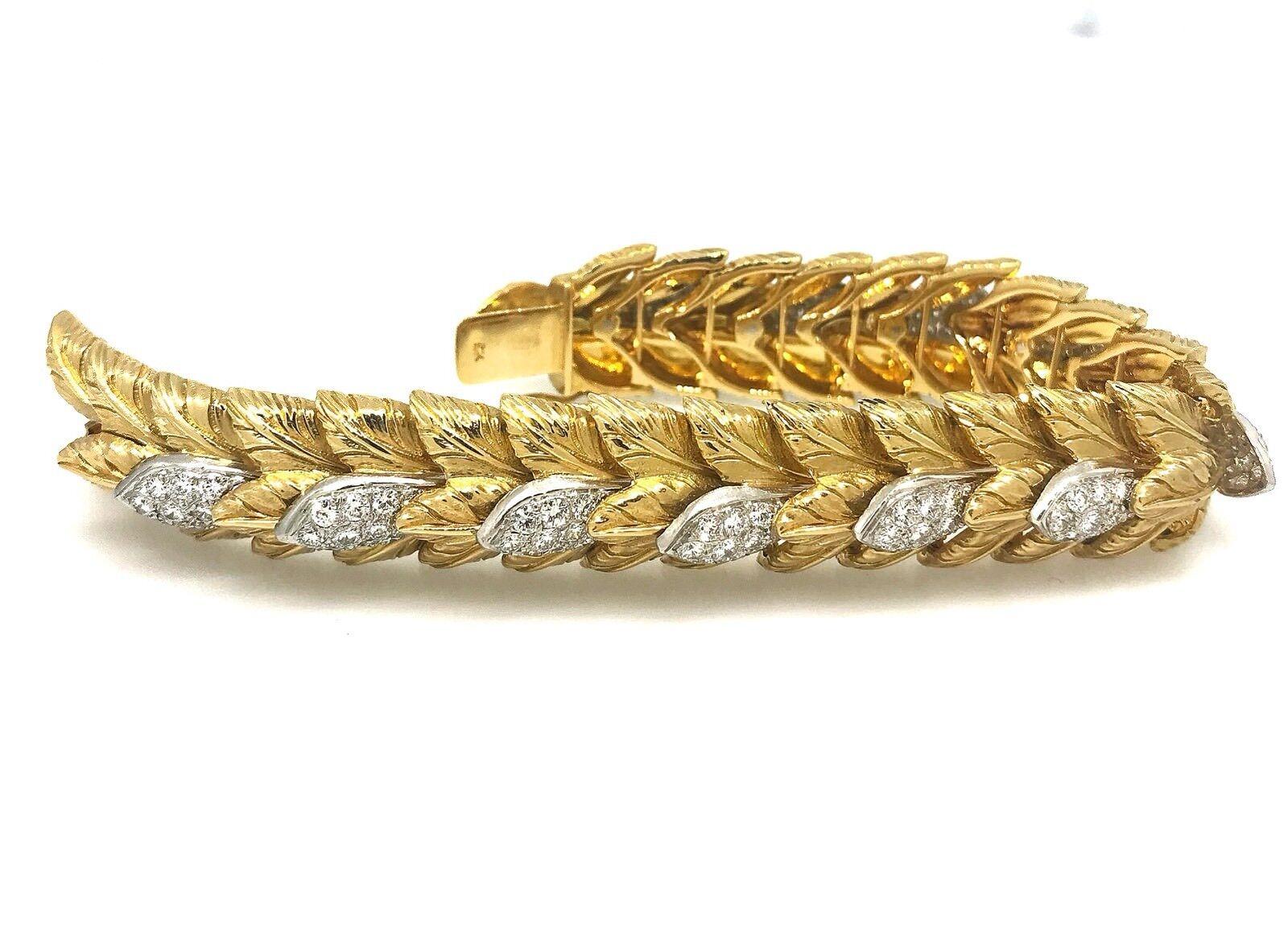Heavy Vintage Carved Leaf Diamond Bracelet in 18k Yellow Gold In Excellent Condition For Sale In La Jolla, CA