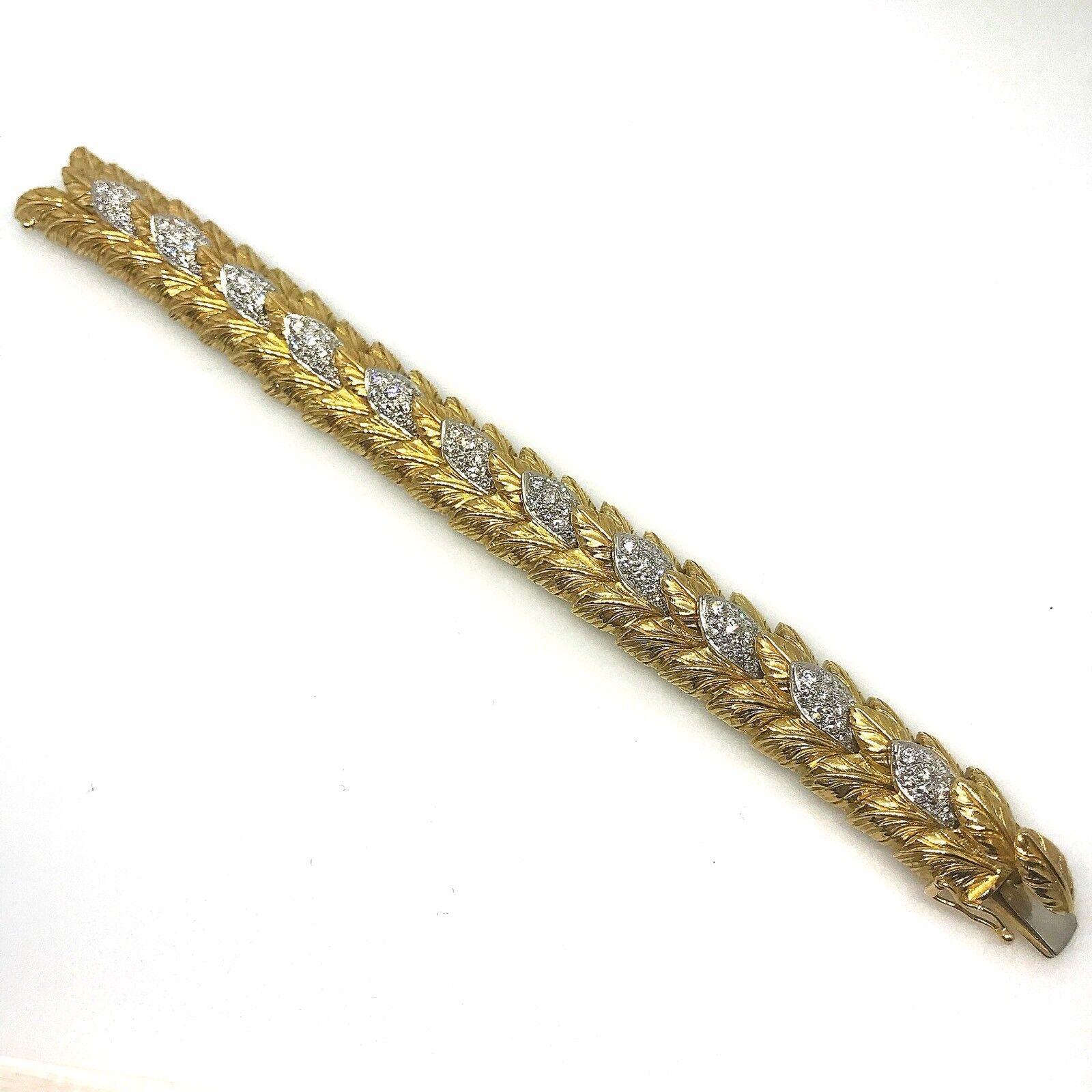 Women's Heavy Vintage Carved Leaf Diamond Bracelet in 18k Yellow Gold For Sale