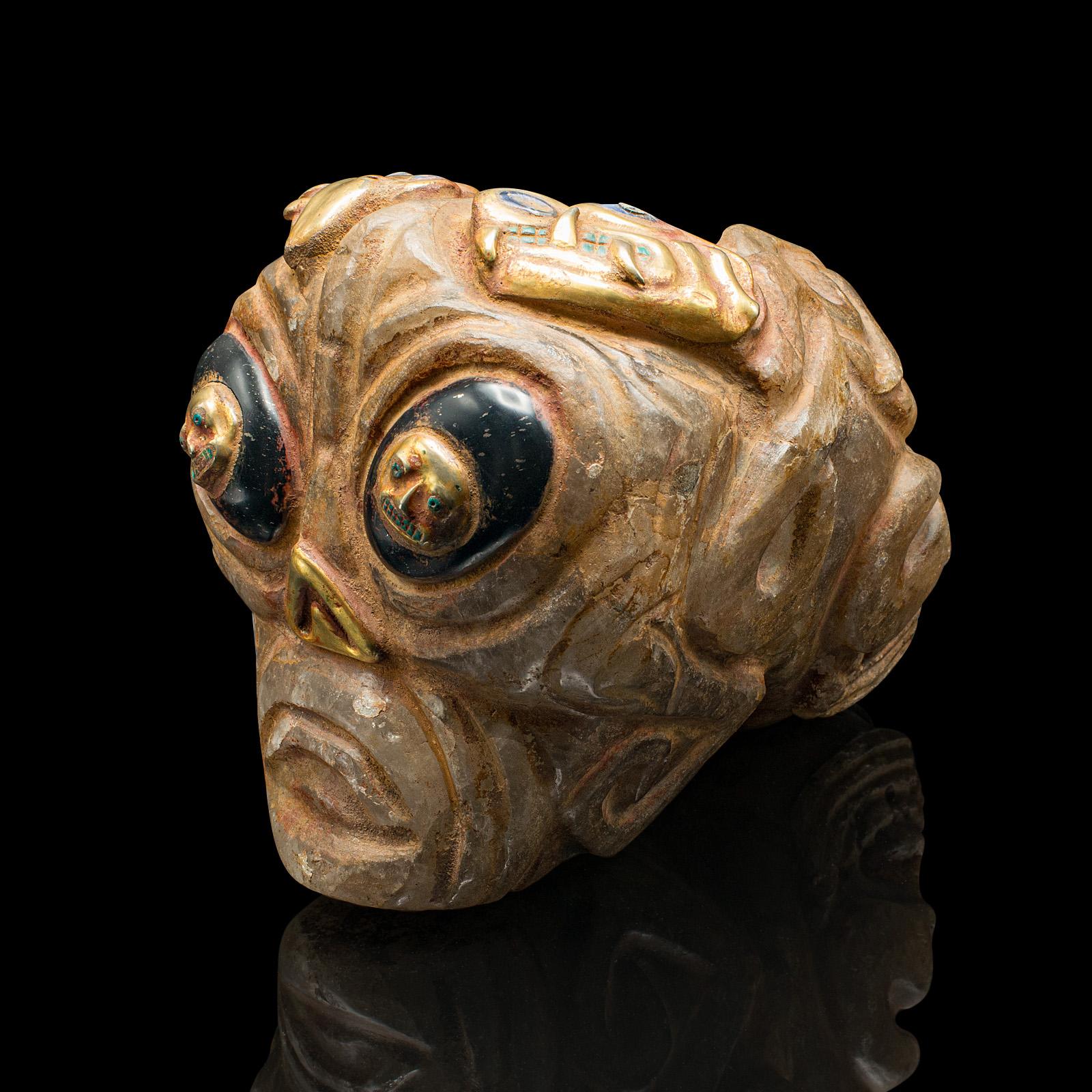 Tribal Heavy Vintage Deity Head, South American, Carved Crystal, Gilt Metal, Artefact For Sale