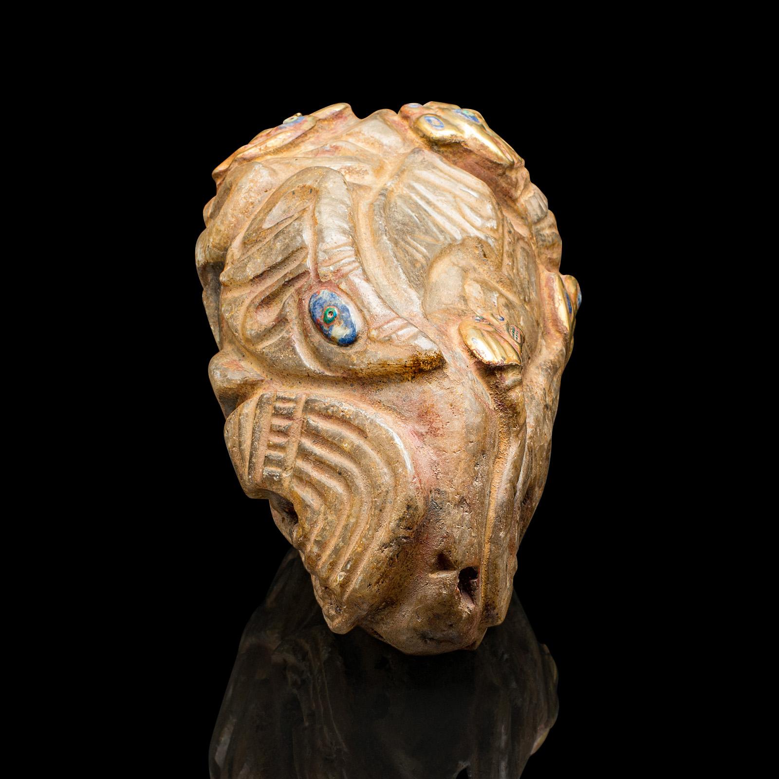 Heavy Vintage Deity Head, South American, Carved Crystal, Gilt Metal, Artefact For Sale 1
