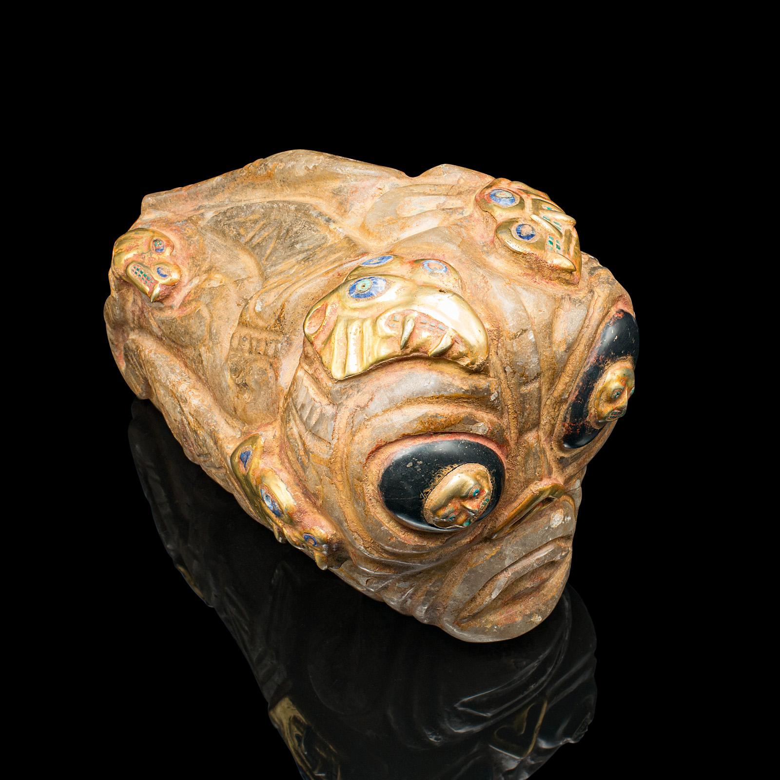Heavy Vintage Deity Head, South American, Carved Crystal, Gilt Metal, Artefact For Sale 2