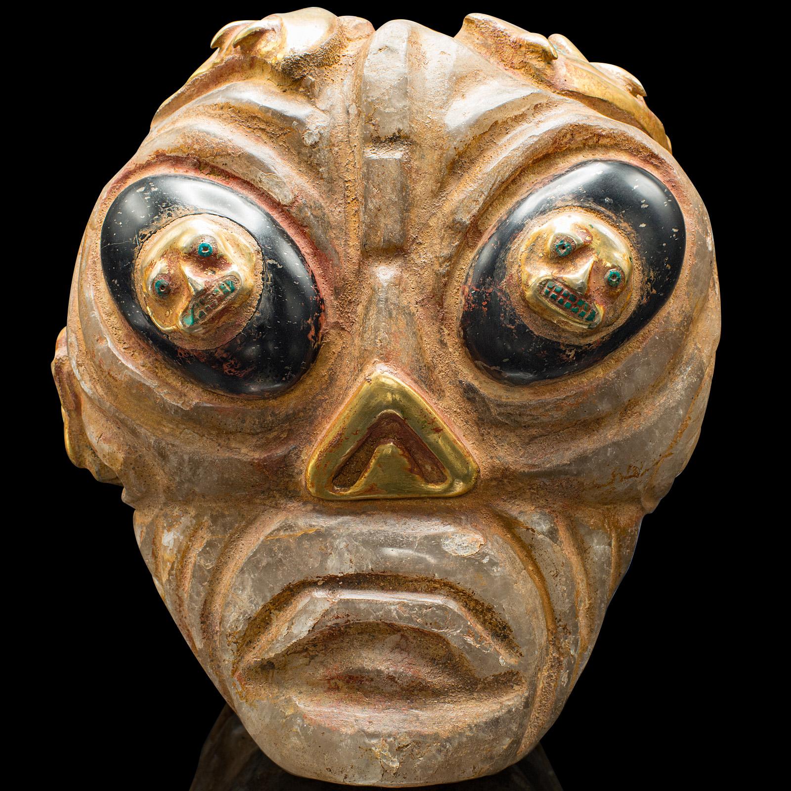 Heavy Vintage Deity Head, South American, Carved Crystal, Gilt Metal, Artefact For Sale 3
