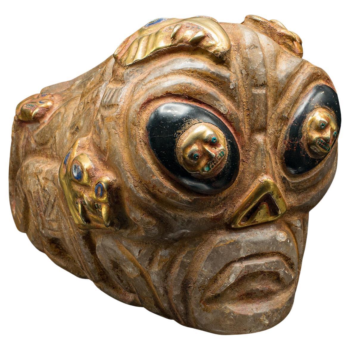 Heavy Vintage Deity Head, South American, Carved Crystal, Gilt Metal, Artefact For Sale