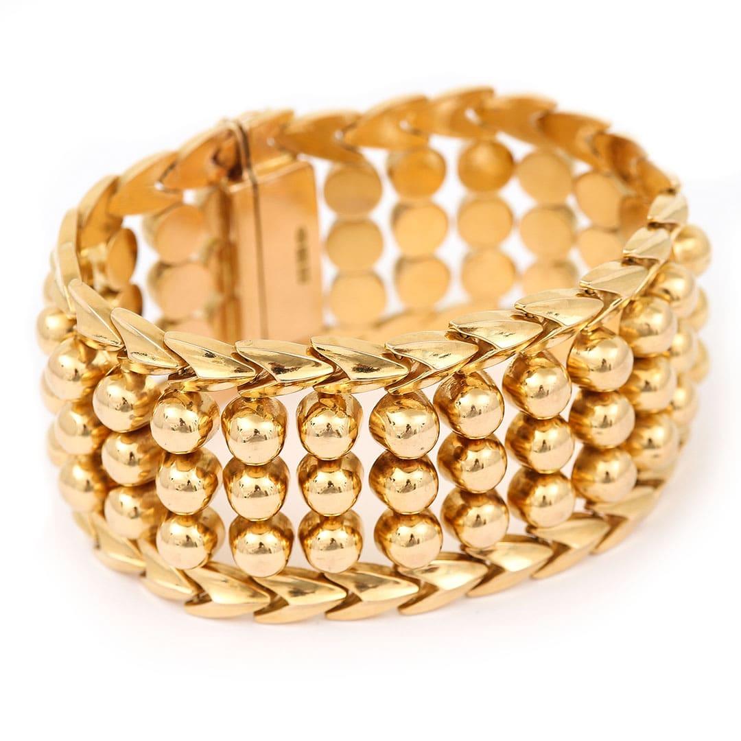 Retro Heavy Vintage Italian 18ct Gold Broad Beaded Cuff Bracelet