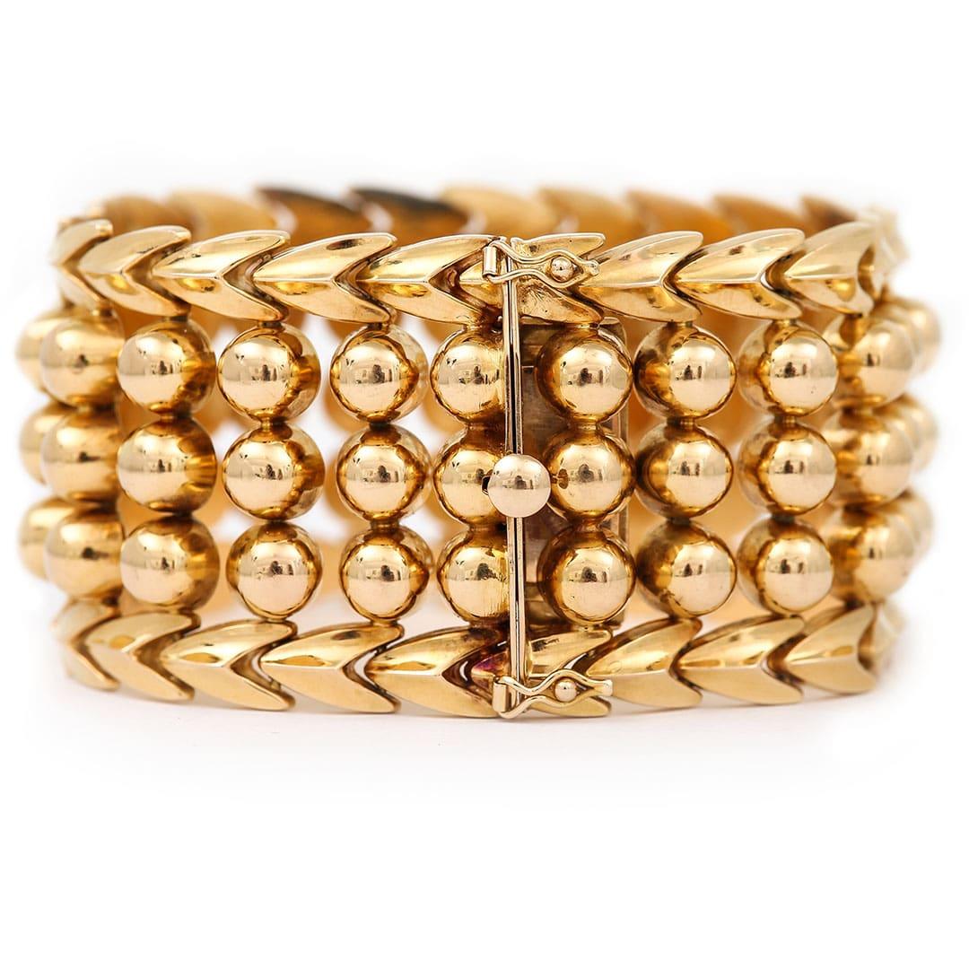 Schweres italienisches 18 Karat Gold Broad Perlen Manschettenarmband im Vintage-Stil im Zustand „Gut“ in Lancashire, Oldham