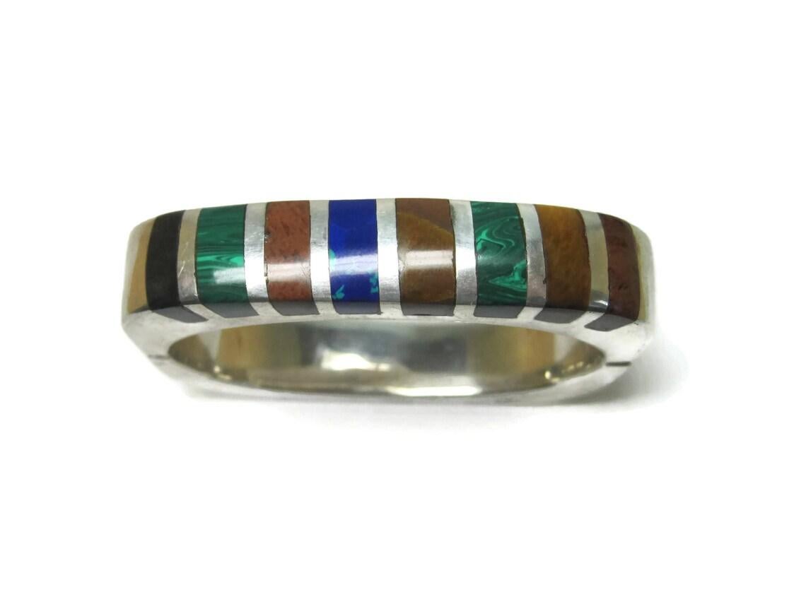 Heavy Vintage Mexican Sterling Inlaid Bangle Bracelet For Sale 3